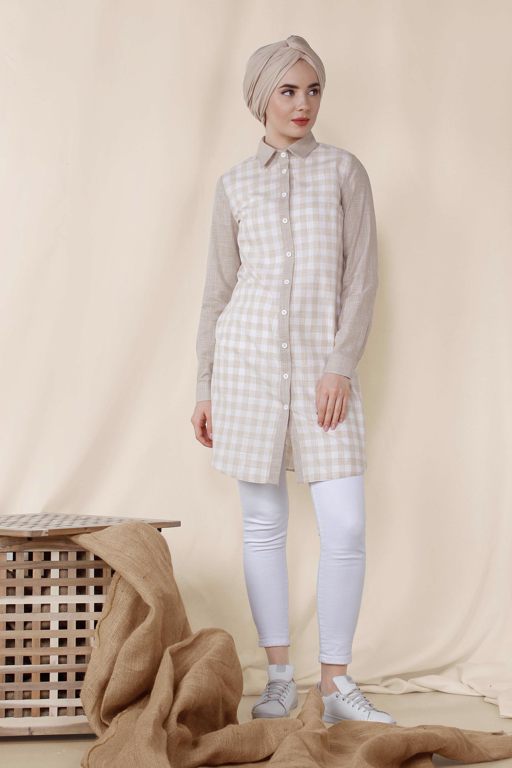 Tesettür giyim BEJ KARE DESENLİ PAMUKLU TUNİK 4146