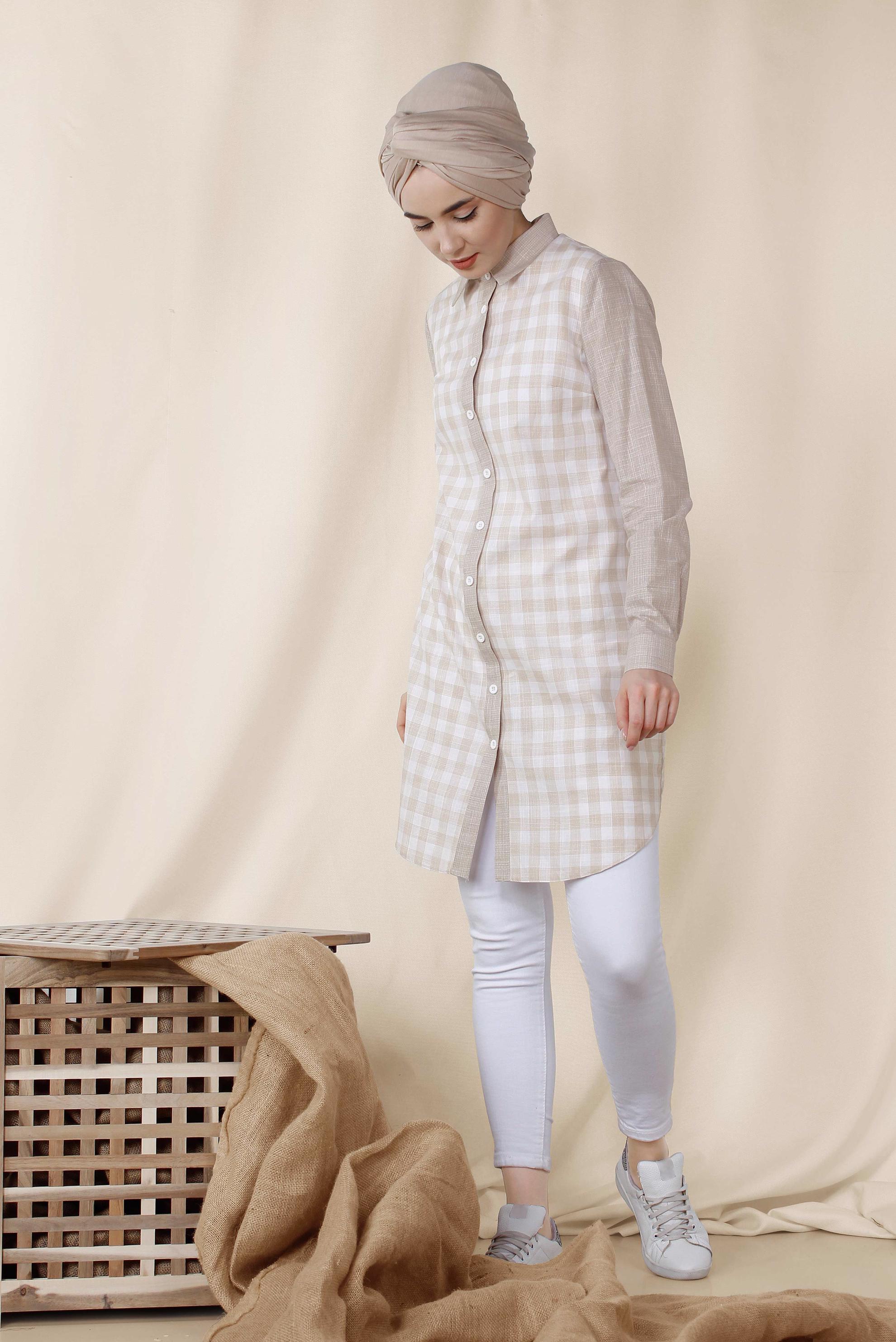 Tesettür giyim BEJ KARE DESENLİ PAMUKLU TUNİK 4146