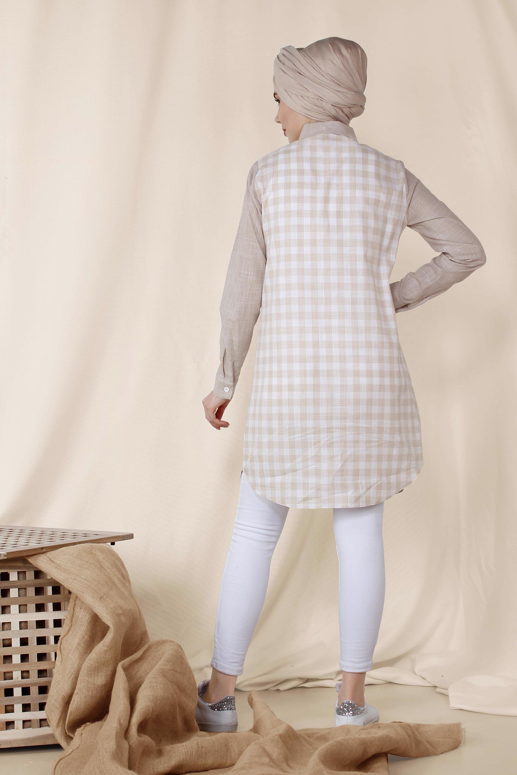 Tesettür giyim BEJ KARE DESENLİ PAMUKLU TUNİK 4146