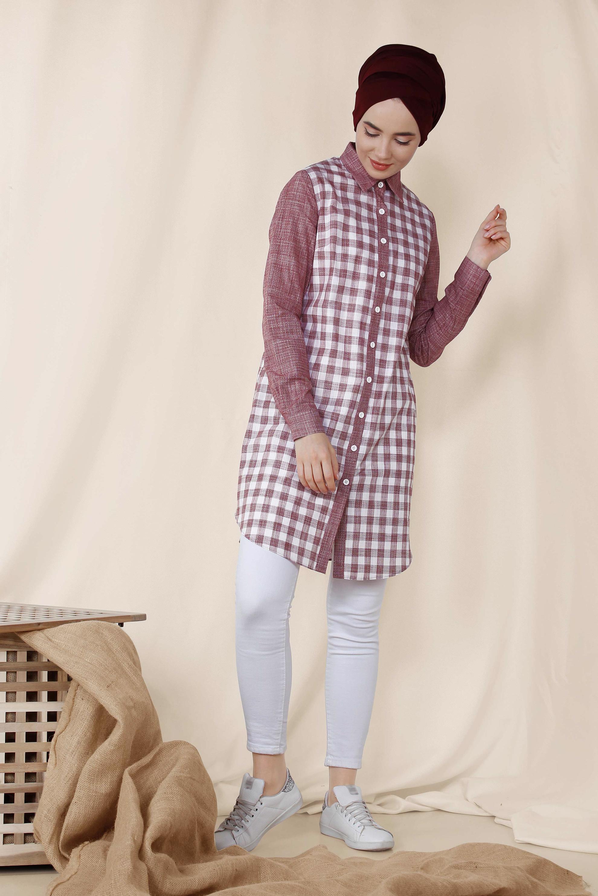 Tesettür giyim BORDO KARE DESENLİ PAMUKLU TUNİK 4146