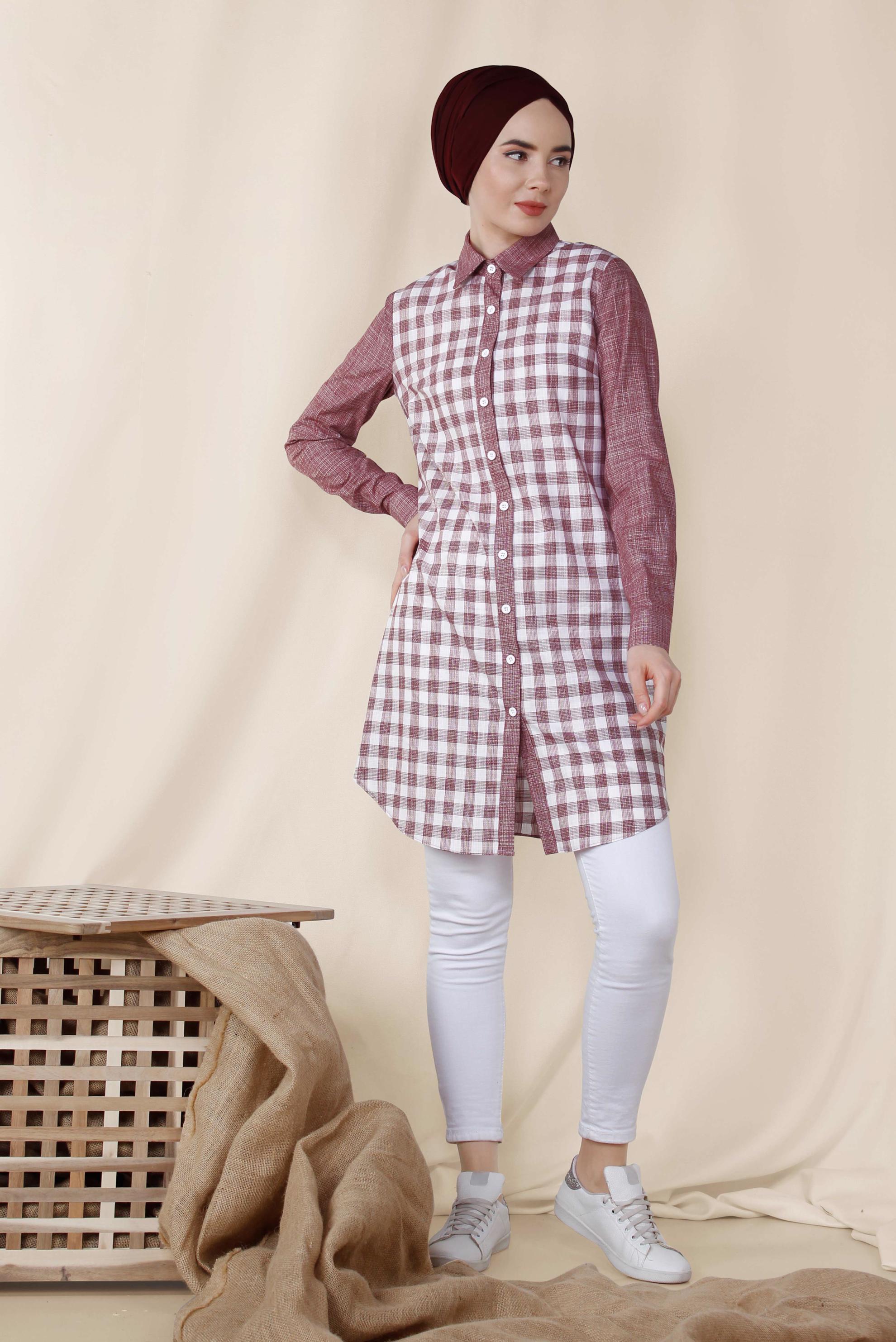 Tesettür giyim BORDO KARE DESENLİ PAMUKLU TUNİK 4146