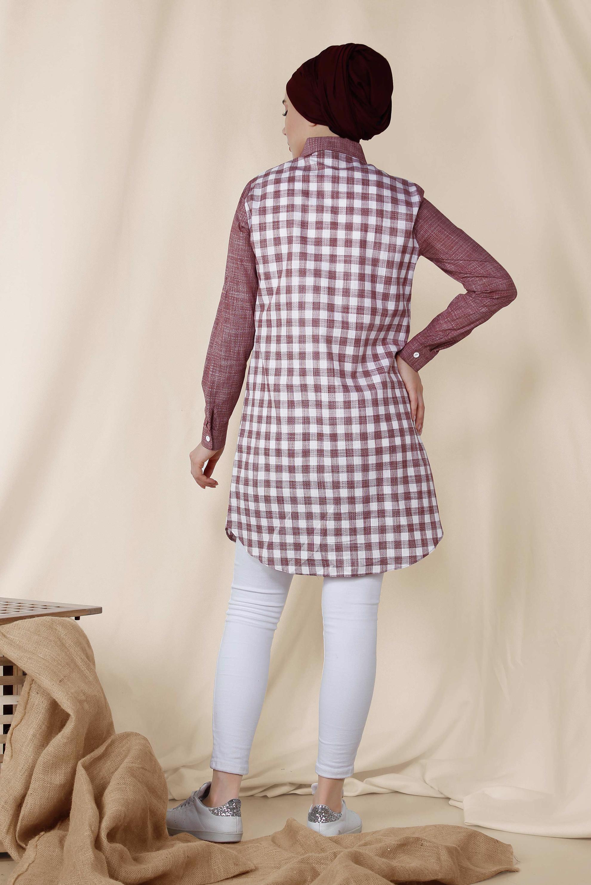Tesettür giyim BORDO KARE DESENLİ PAMUKLU TUNİK 4146