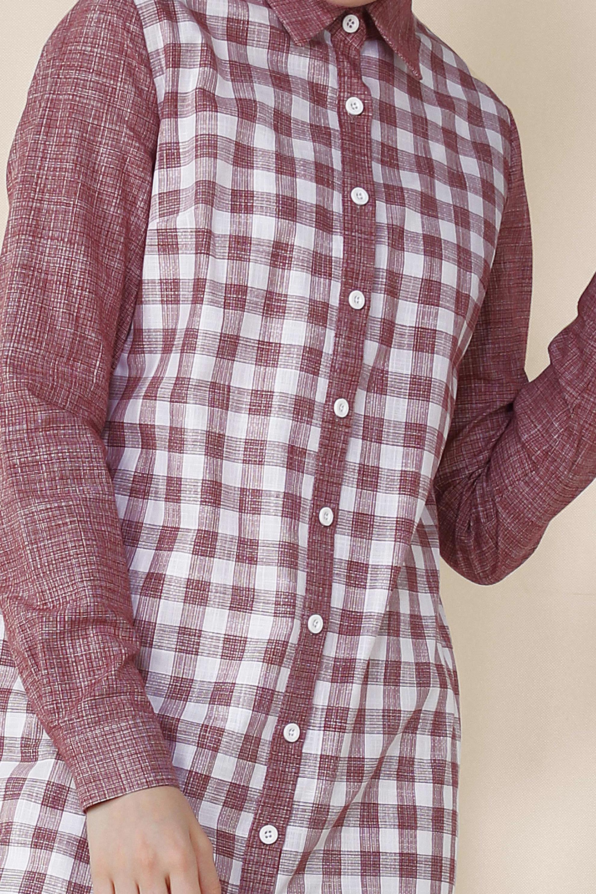 Tesettür giyim BORDO KARE DESENLİ PAMUKLU TUNİK 4146