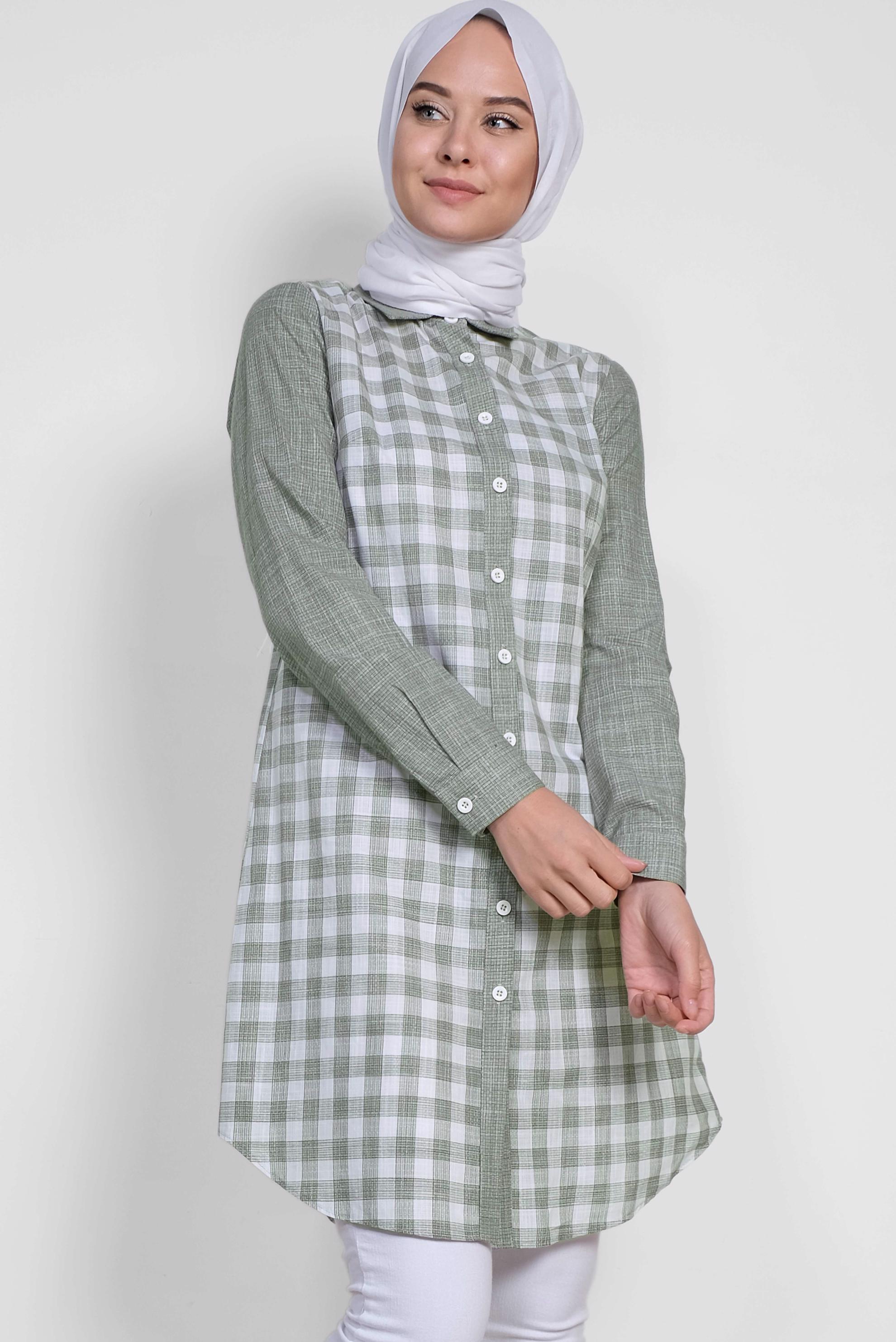 Tesettür giyim HAKİ KARE DESENLİ PAMUKLU TUNİK 4146