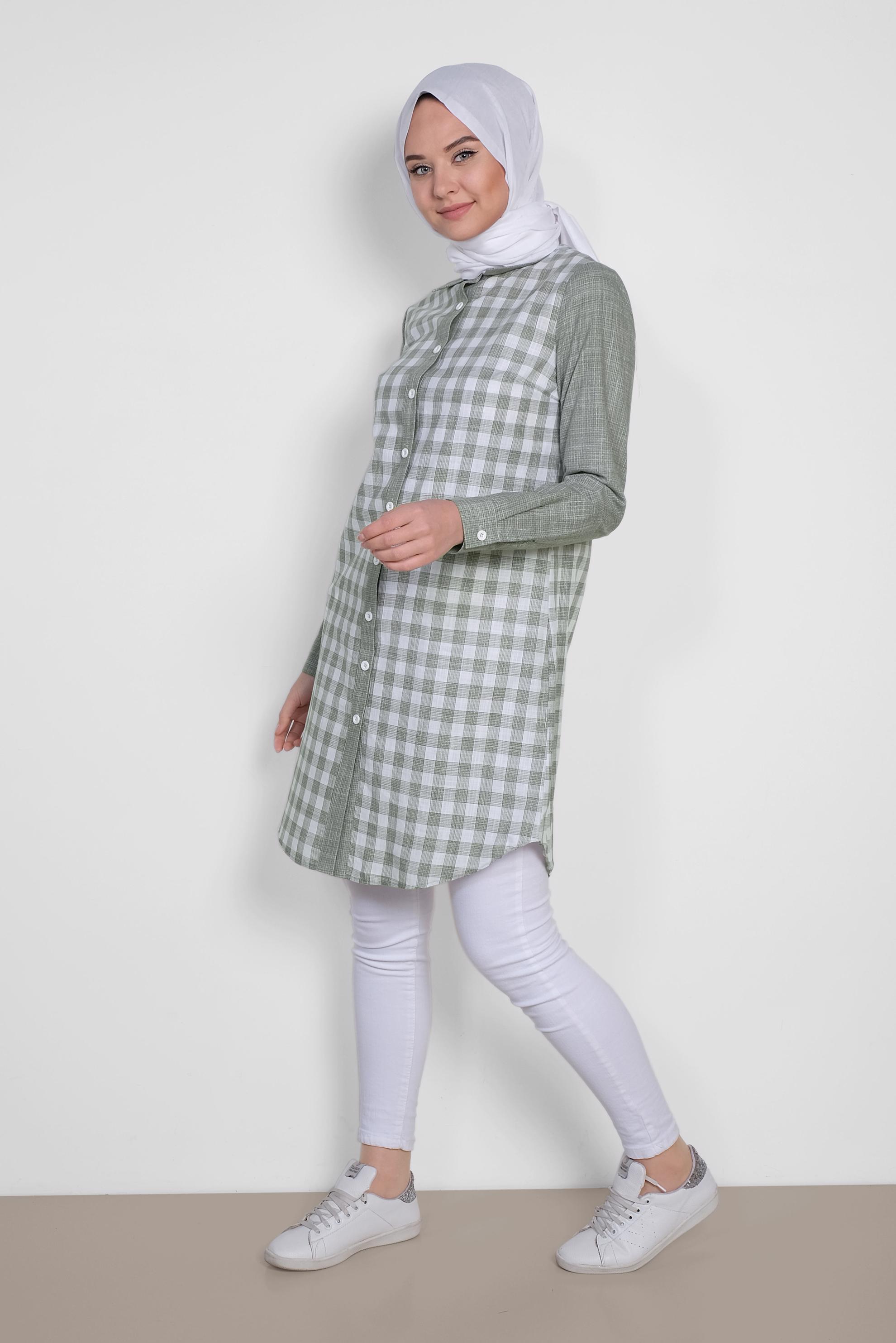 Tesettür giyim HAKİ KARE DESENLİ PAMUKLU TUNİK 4146