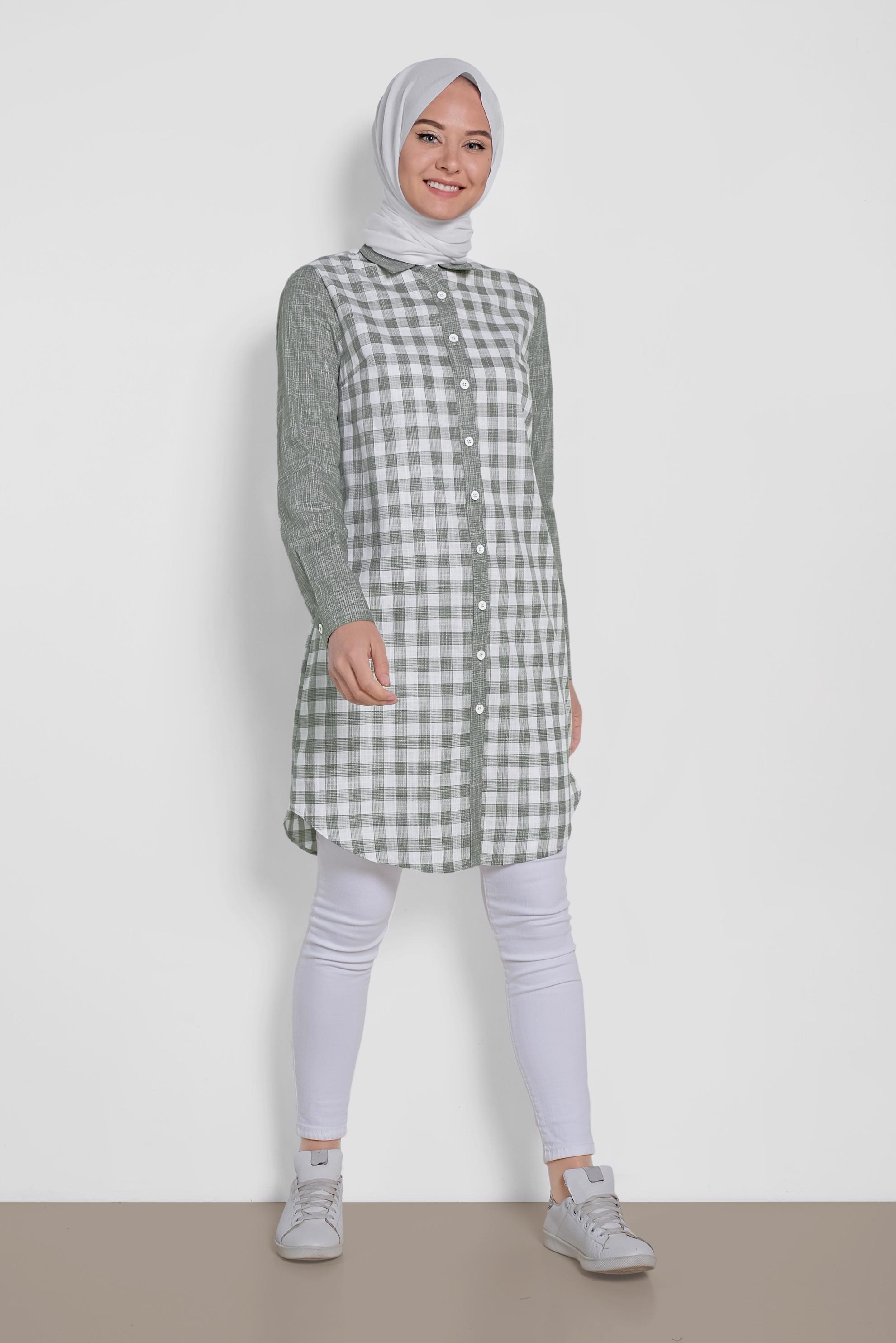 Tesettür giyim HAKİ KARE DESENLİ PAMUKLU TUNİK 4146