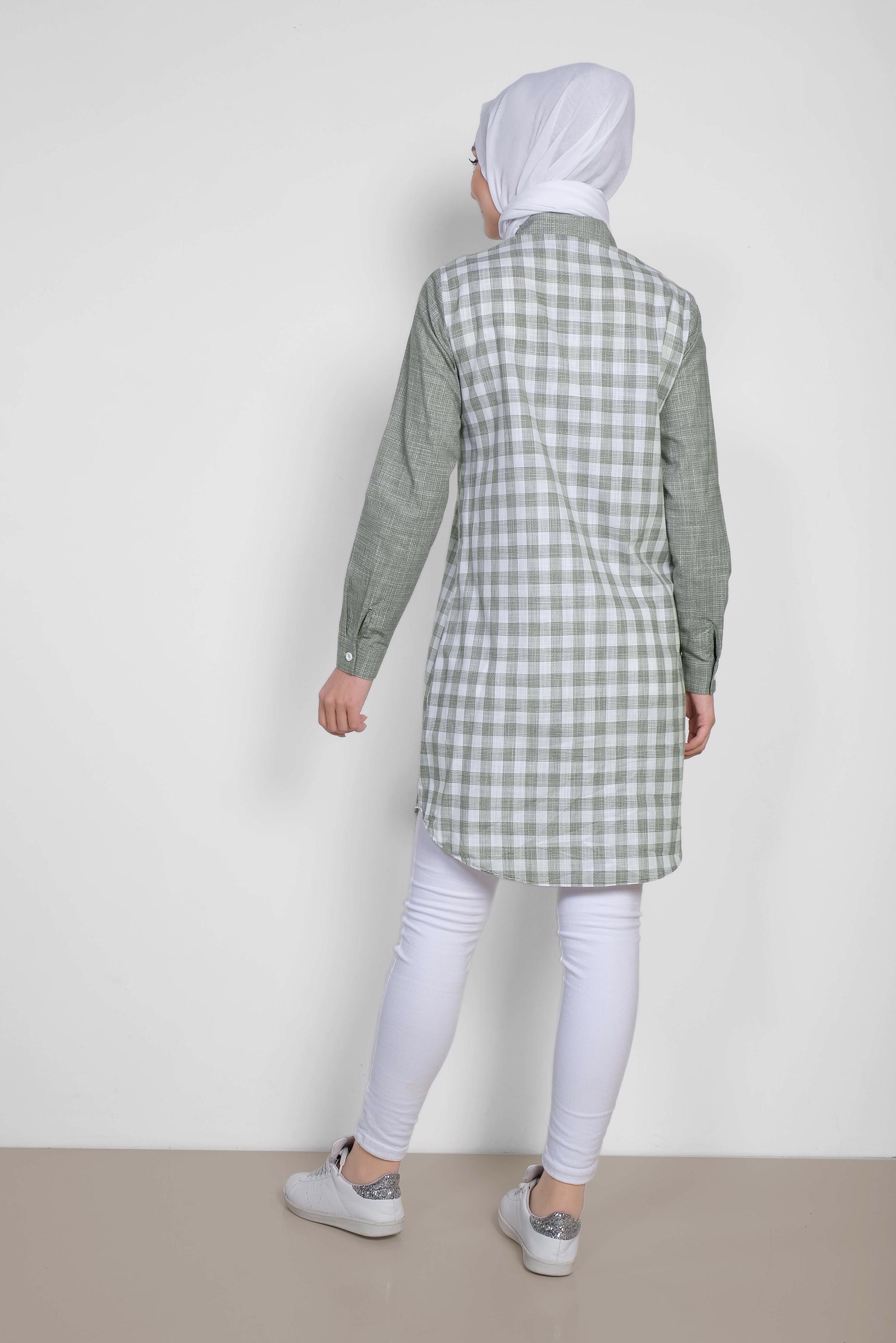 Tesettür giyim HAKİ KARE DESENLİ PAMUKLU TUNİK 4146