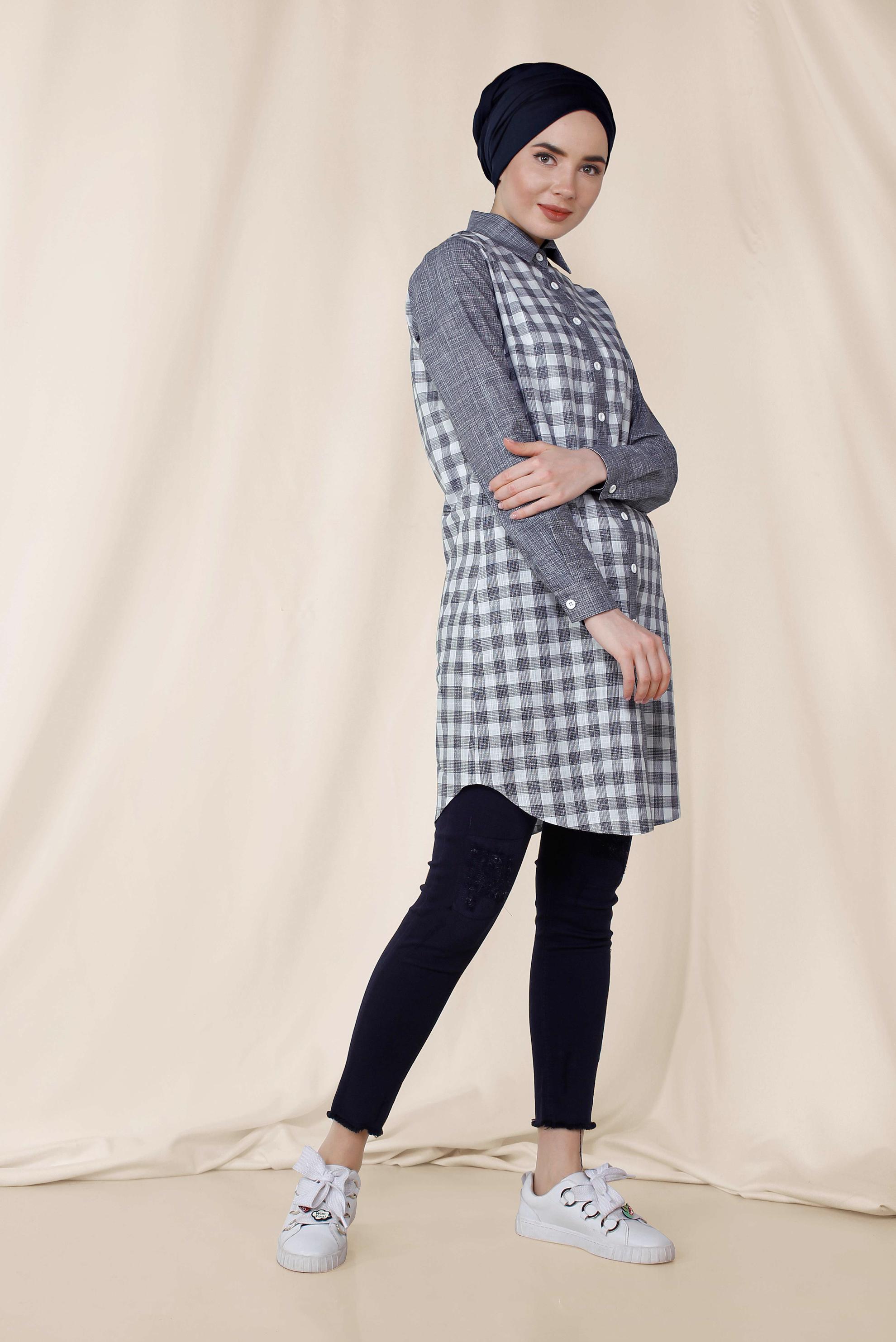Tesettür giyim LACİVERT KARE DESENLİ PAMUKLU TUNİK 4146