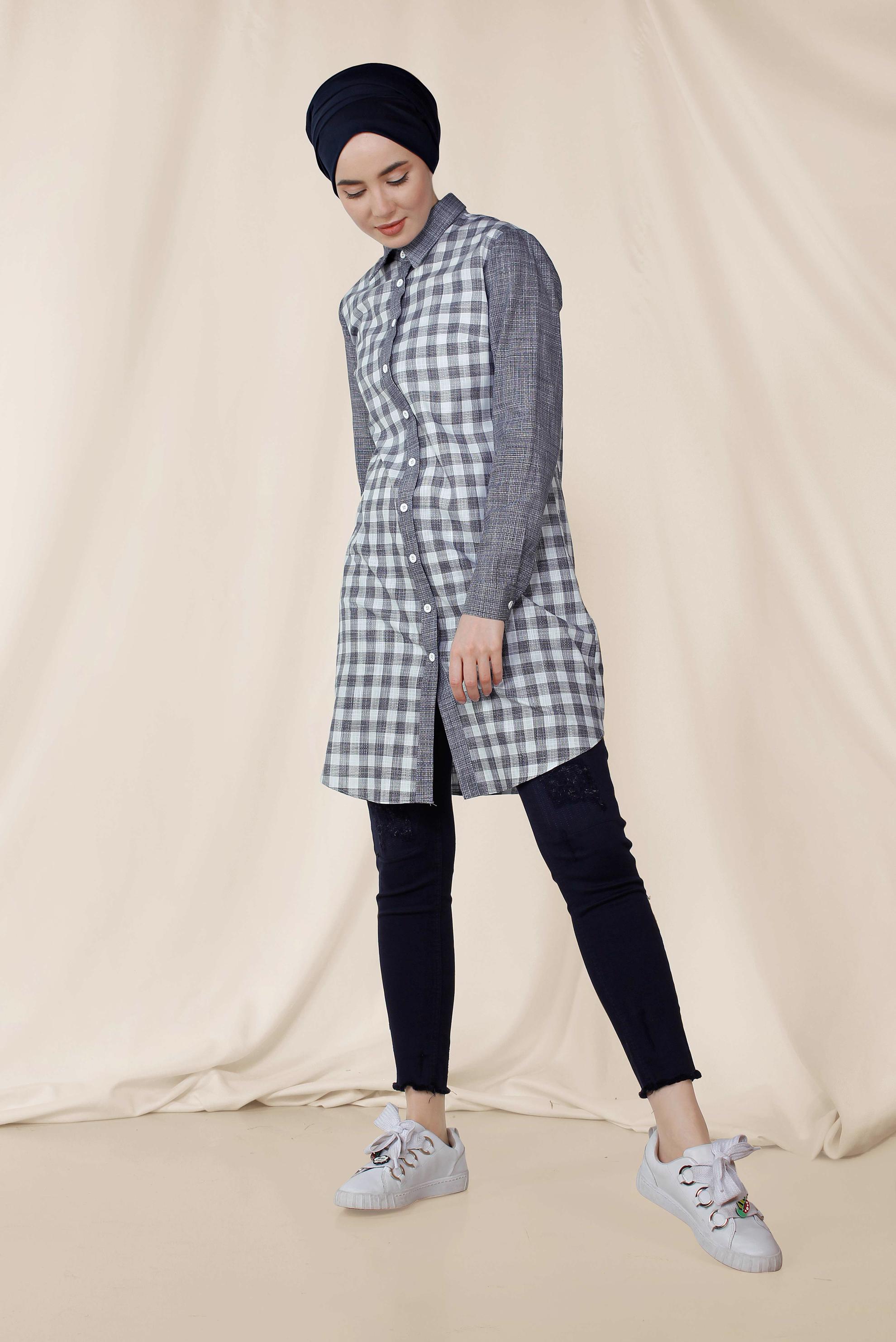Tesettür giyim LACİVERT KARE DESENLİ PAMUKLU TUNİK 4146