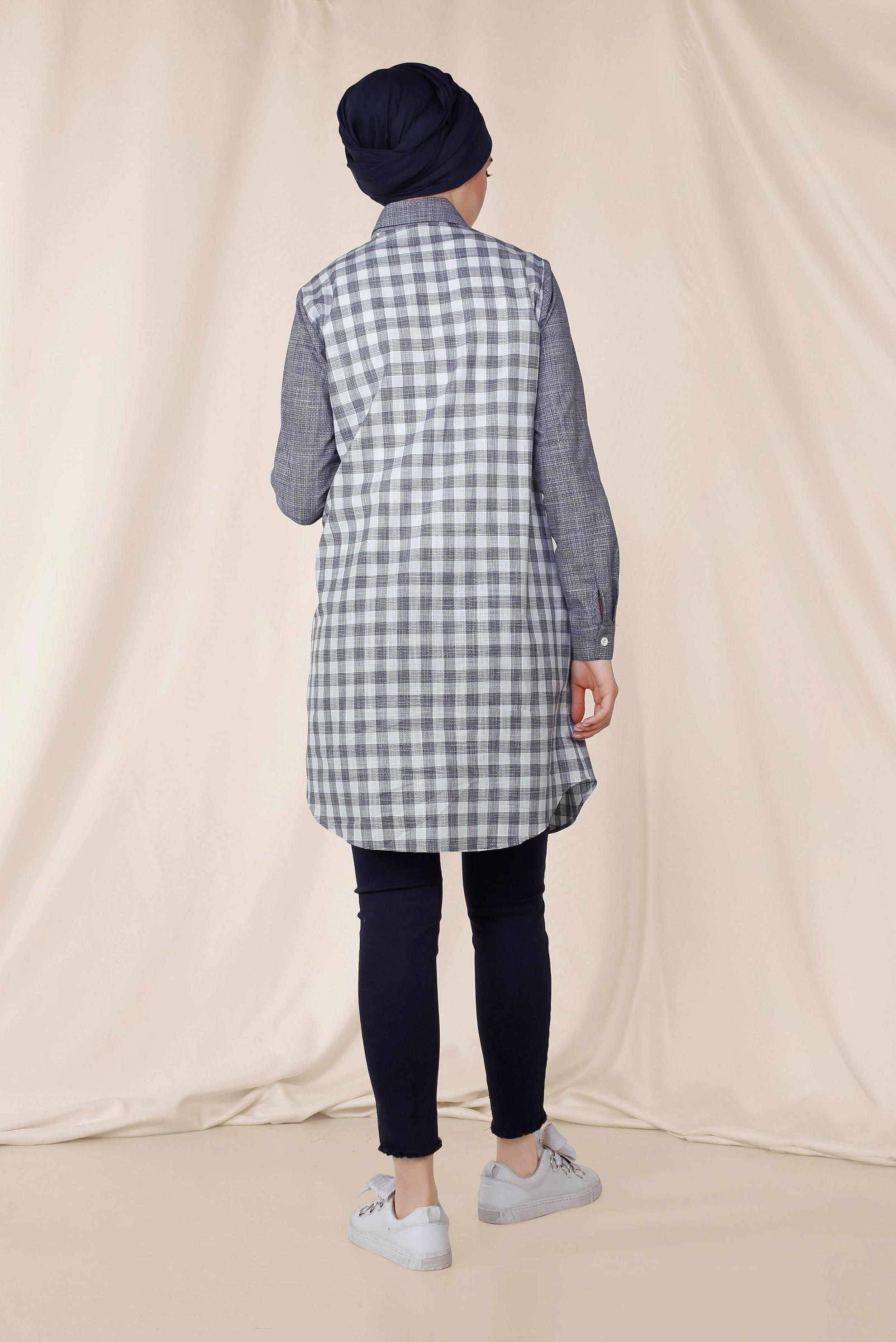 Tesettür giyim LACİVERT KARE DESENLİ PAMUKLU TUNİK 4146