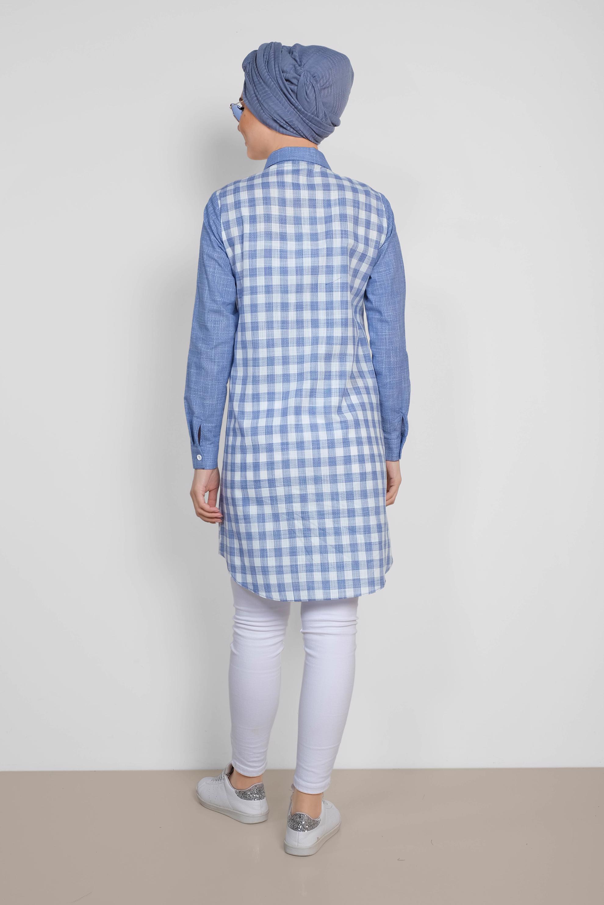 Tesettür giyim LACİVERT KARE DESENLİ PAMUKLU TUNİK 4146