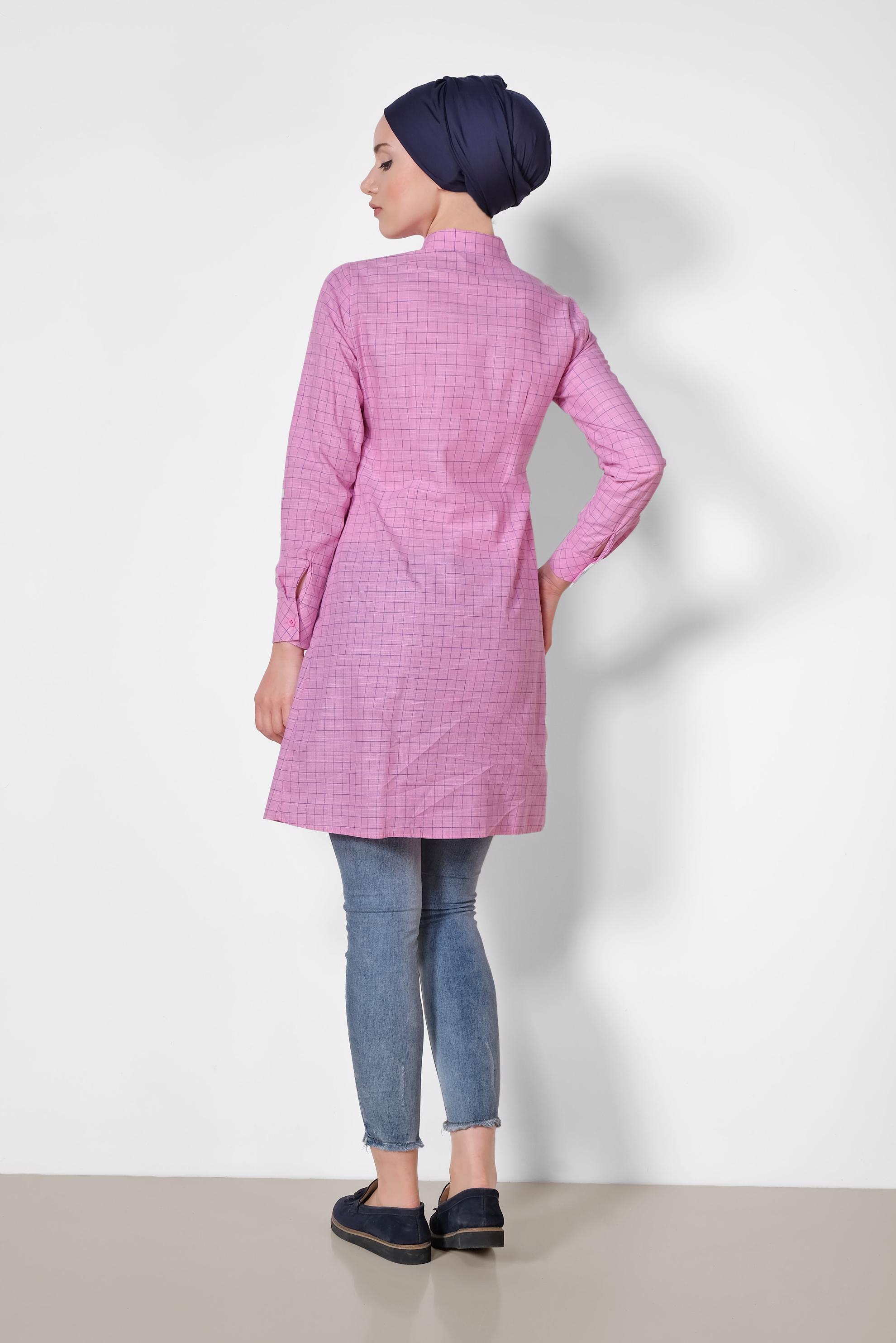 Tesettür giyim PEMBE KARE DESENLİ NAKIŞ İŞLEMELİ PAMUKLU TUNİK 4150