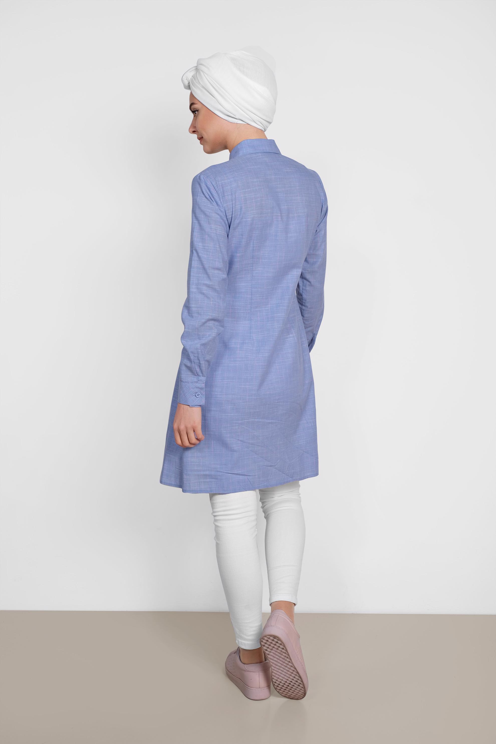 Tesettür giyim MAVİ KARE DESENLİ NAKIŞ İŞLEMELİ PAMUKLU TUNİK 4150