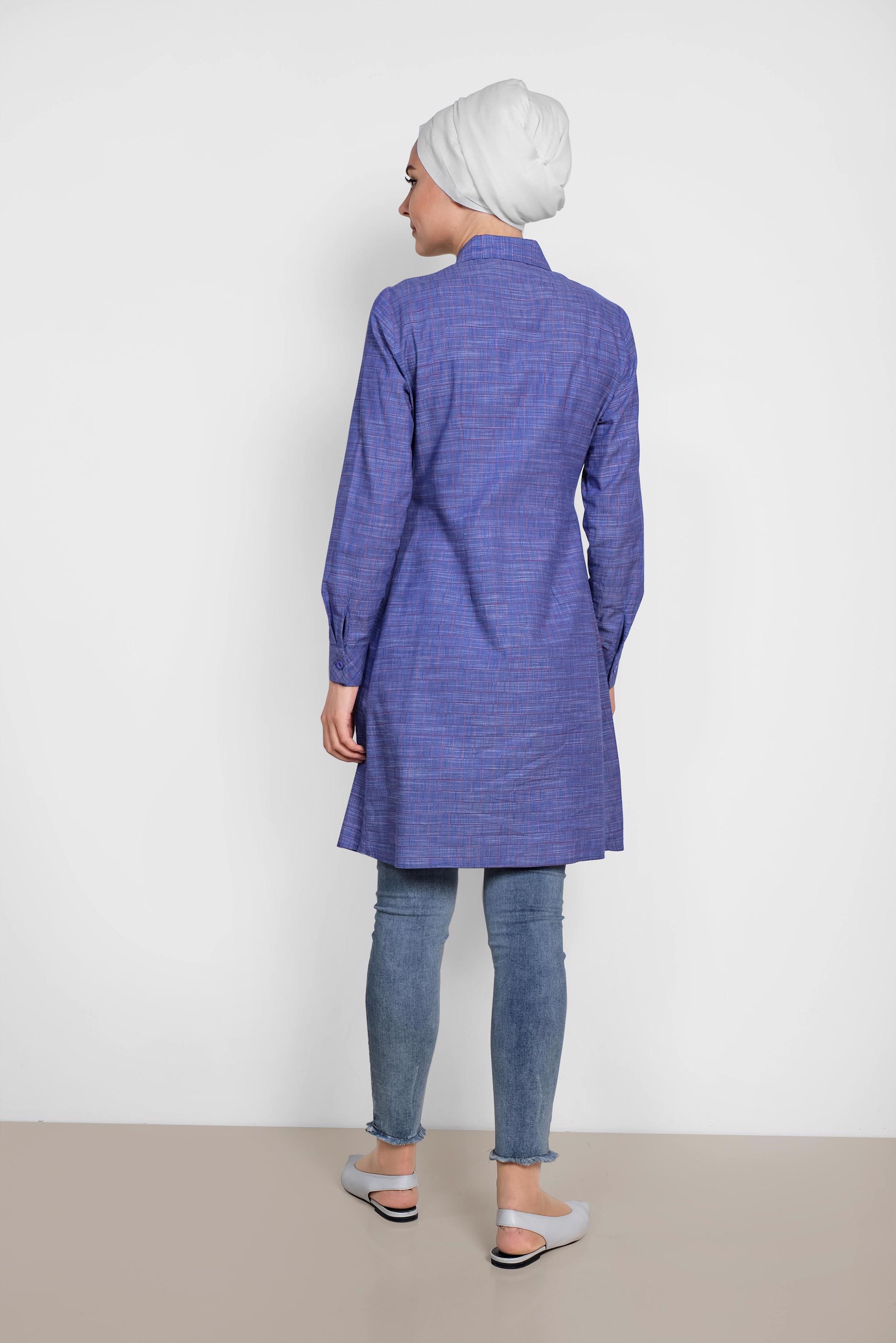 Tesettür giyim LACİVERT KARE DESENLİ NAKIŞ İŞLEMELİ PAMUKLU TUNİK 4150