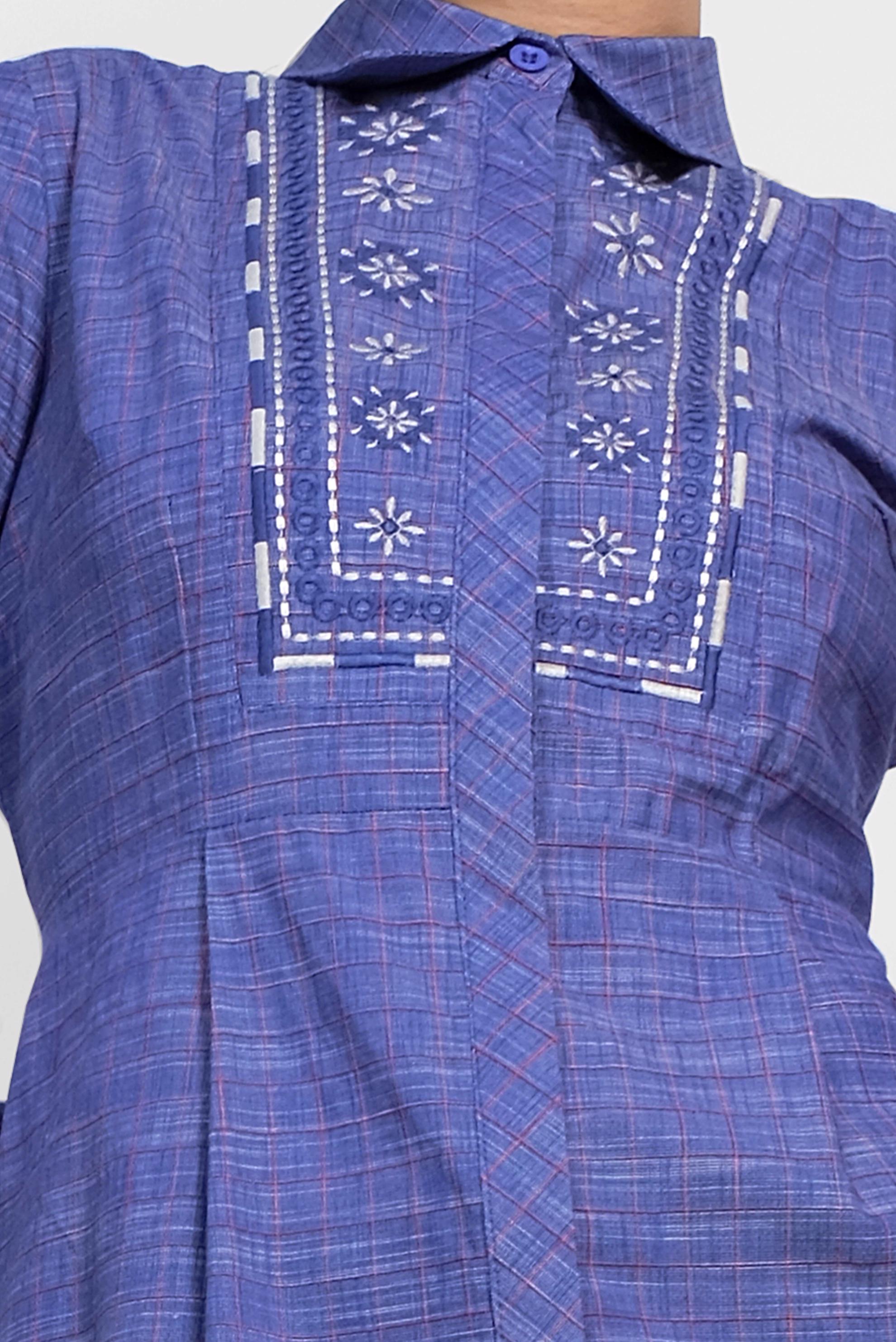 Tesettür giyim LACİVERT KARE DESENLİ NAKIŞ İŞLEMELİ PAMUKLU TUNİK 4150