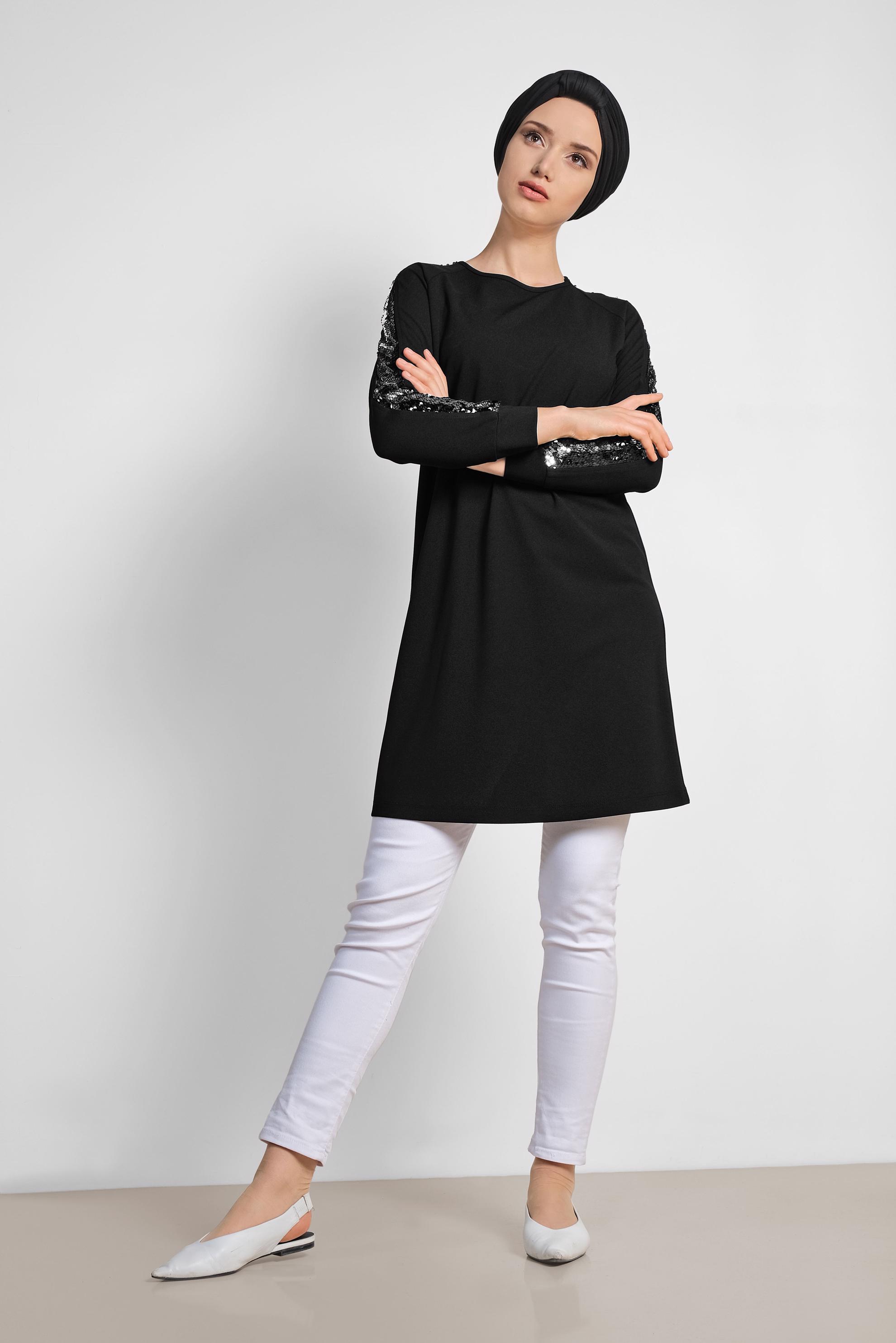 Tesettür giyim SİYAH KOLLARI PUL ŞERİTLİ TUNİK 4159