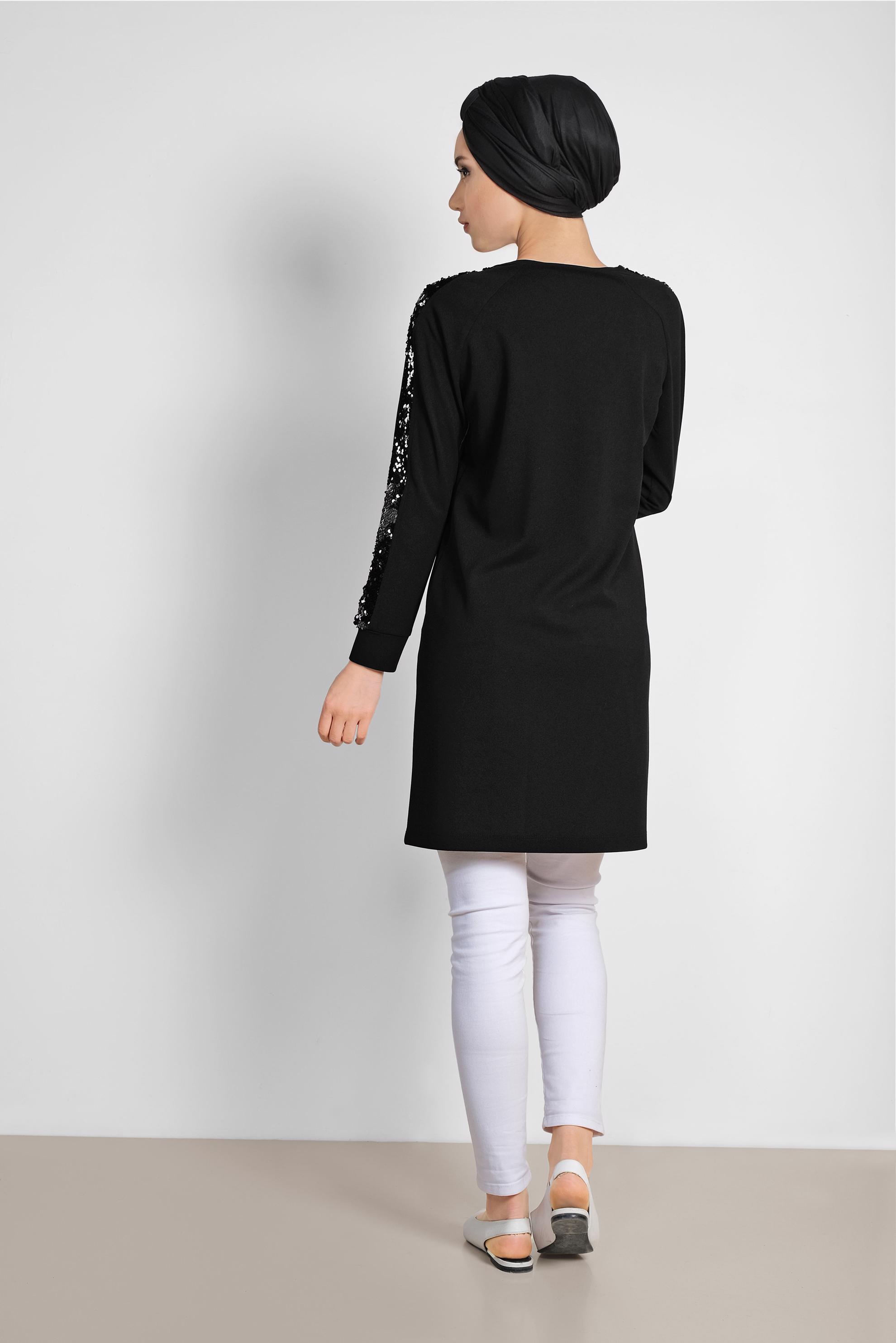 Tesettür giyim SİYAH KOLLARI PUL ŞERİTLİ TUNİK 4159