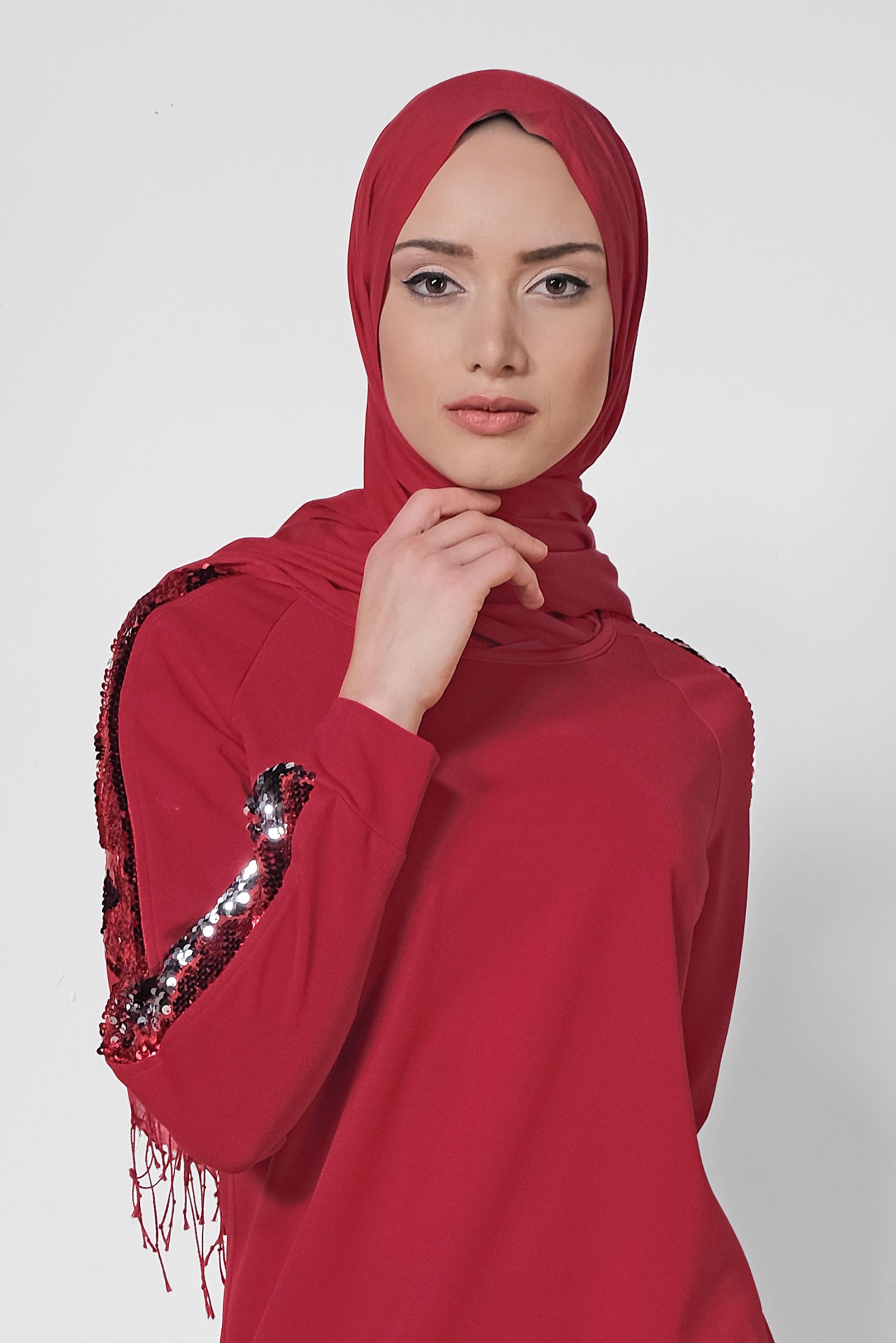 Tesettür giyim KIRMIZI KOLLARI PUL ŞERİTLİ TUNİK 4159