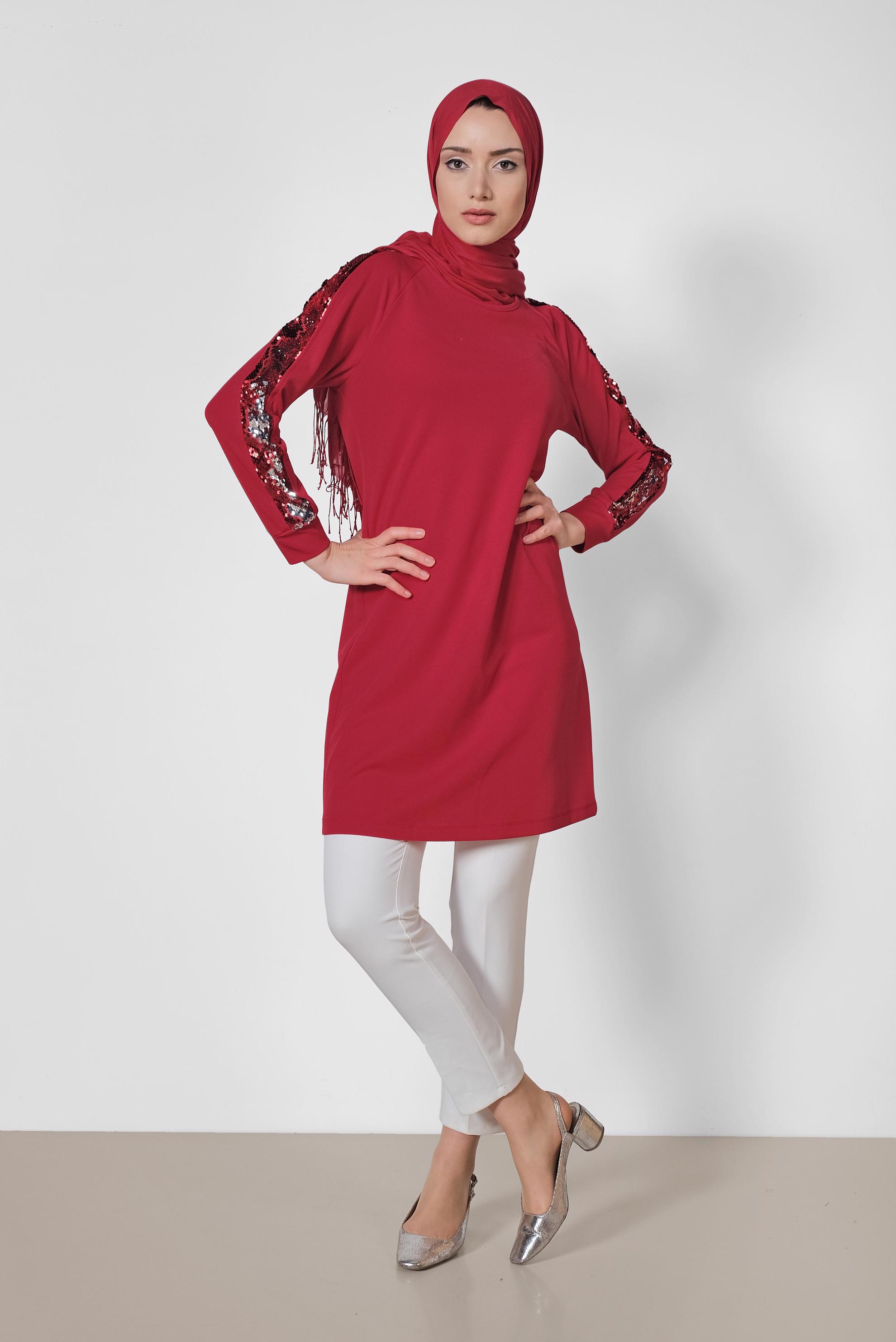 Tesettür giyim KIRMIZI KOLLARI PUL ŞERİTLİ TUNİK 4159