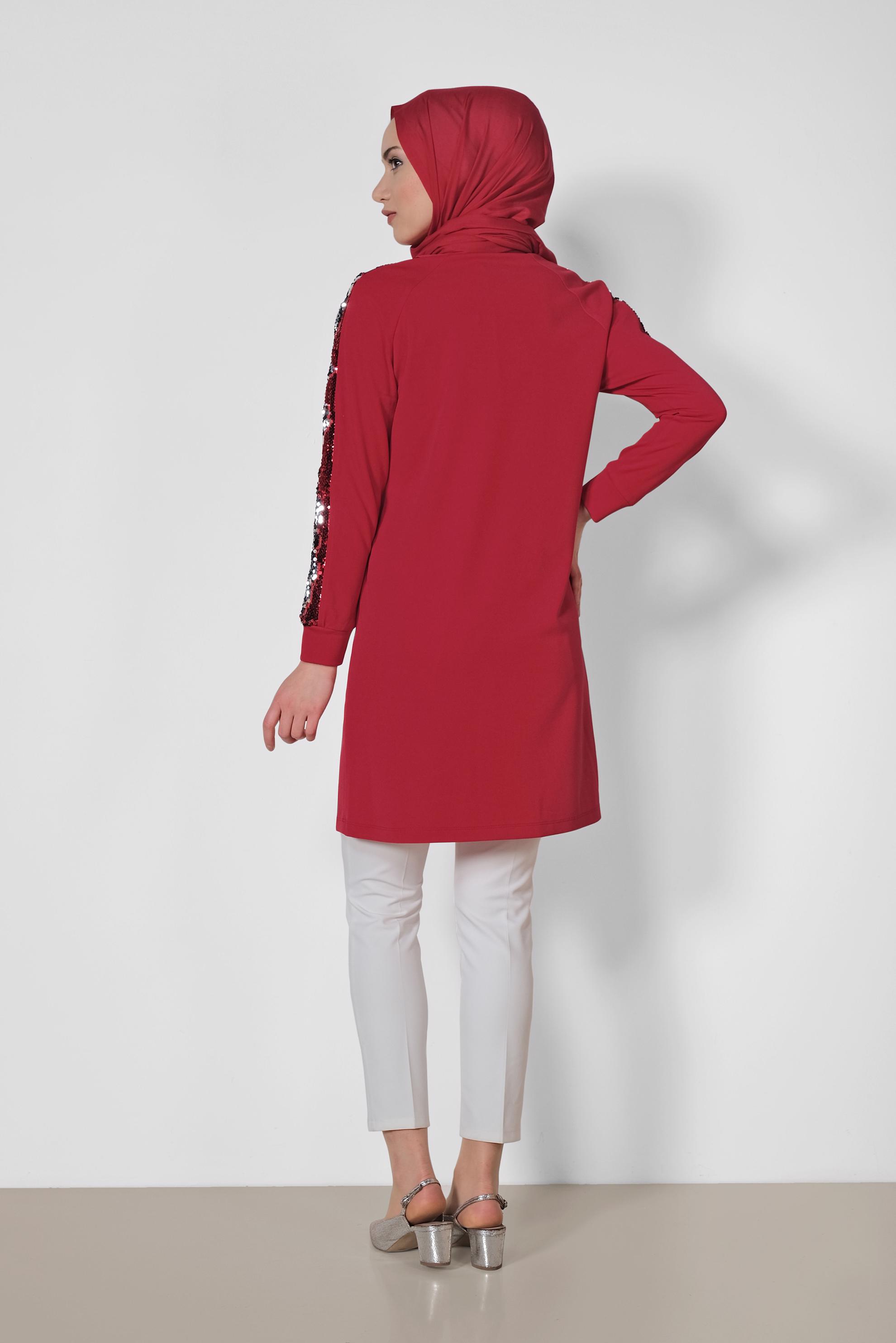 Tesettür giyim KIRMIZI KOLLARI PUL ŞERİTLİ TUNİK 4159