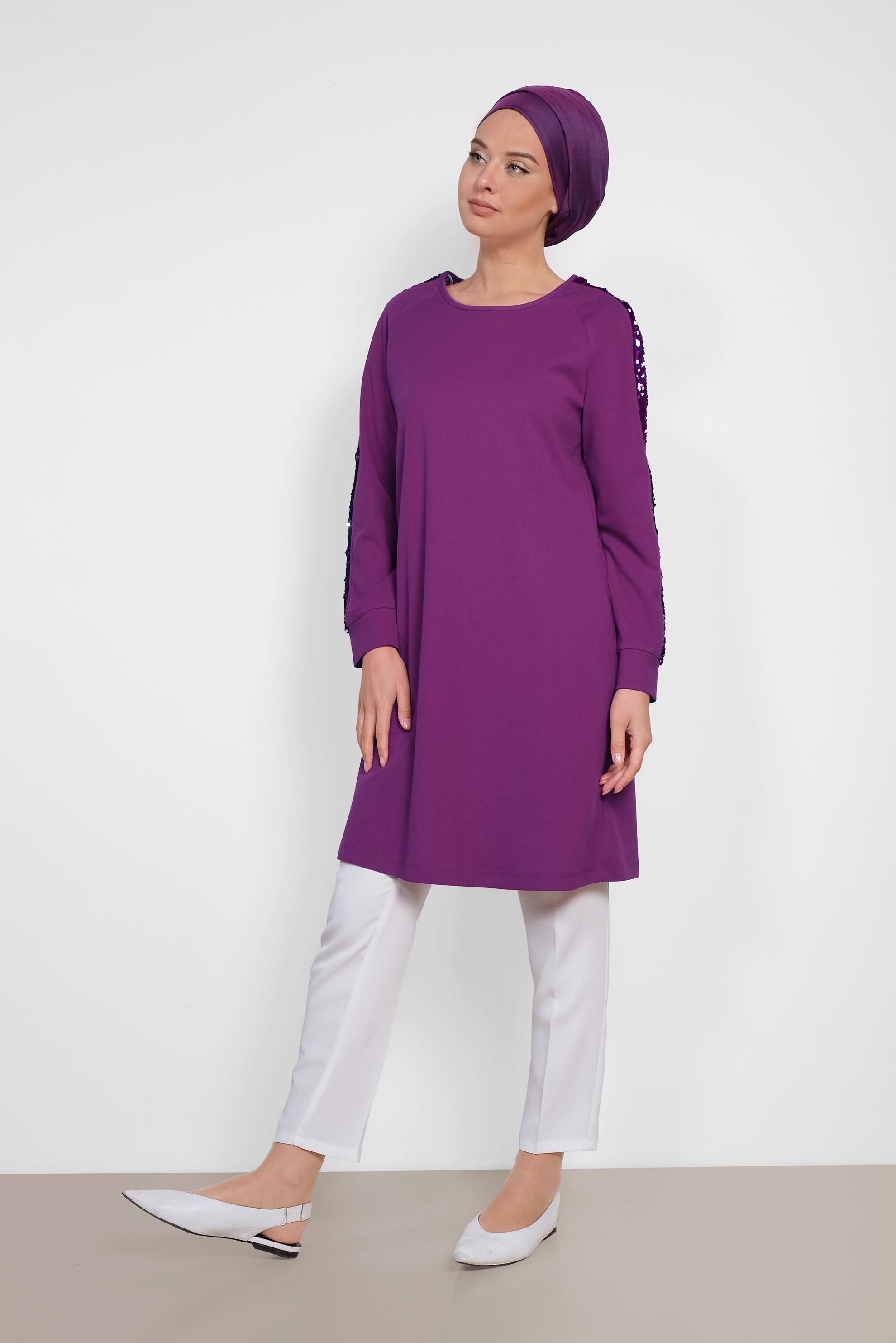 Tesettür giyim MOR KOLLARI PUL ŞERİTLİ TUNİK 4159