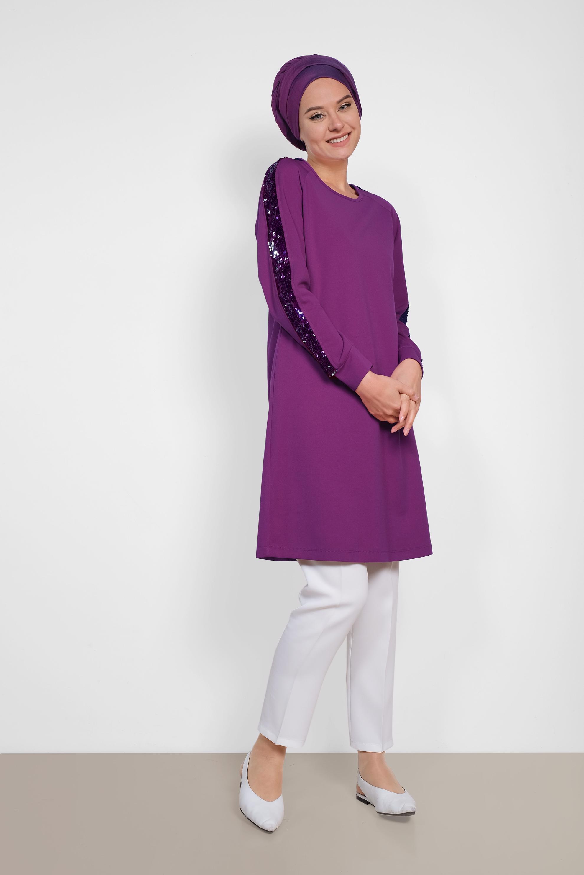 Tesettür giyim MOR KOLLARI PUL ŞERİTLİ TUNİK 4159