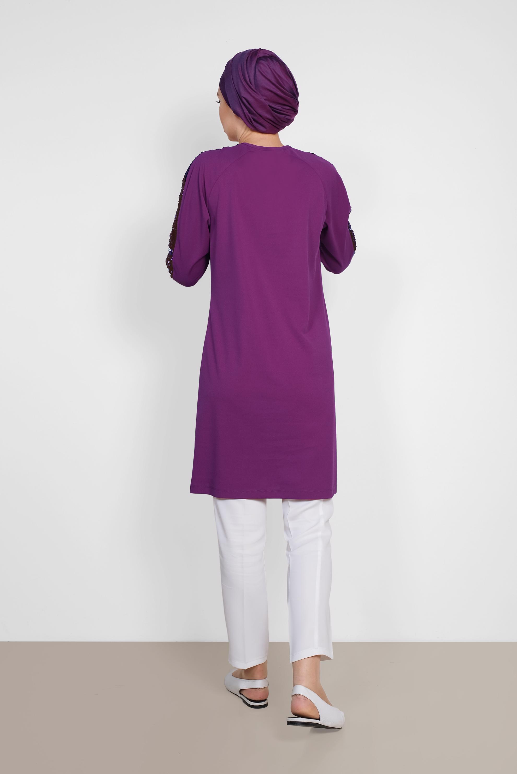 Tesettür giyim MOR KOLLARI PUL ŞERİTLİ TUNİK 4159