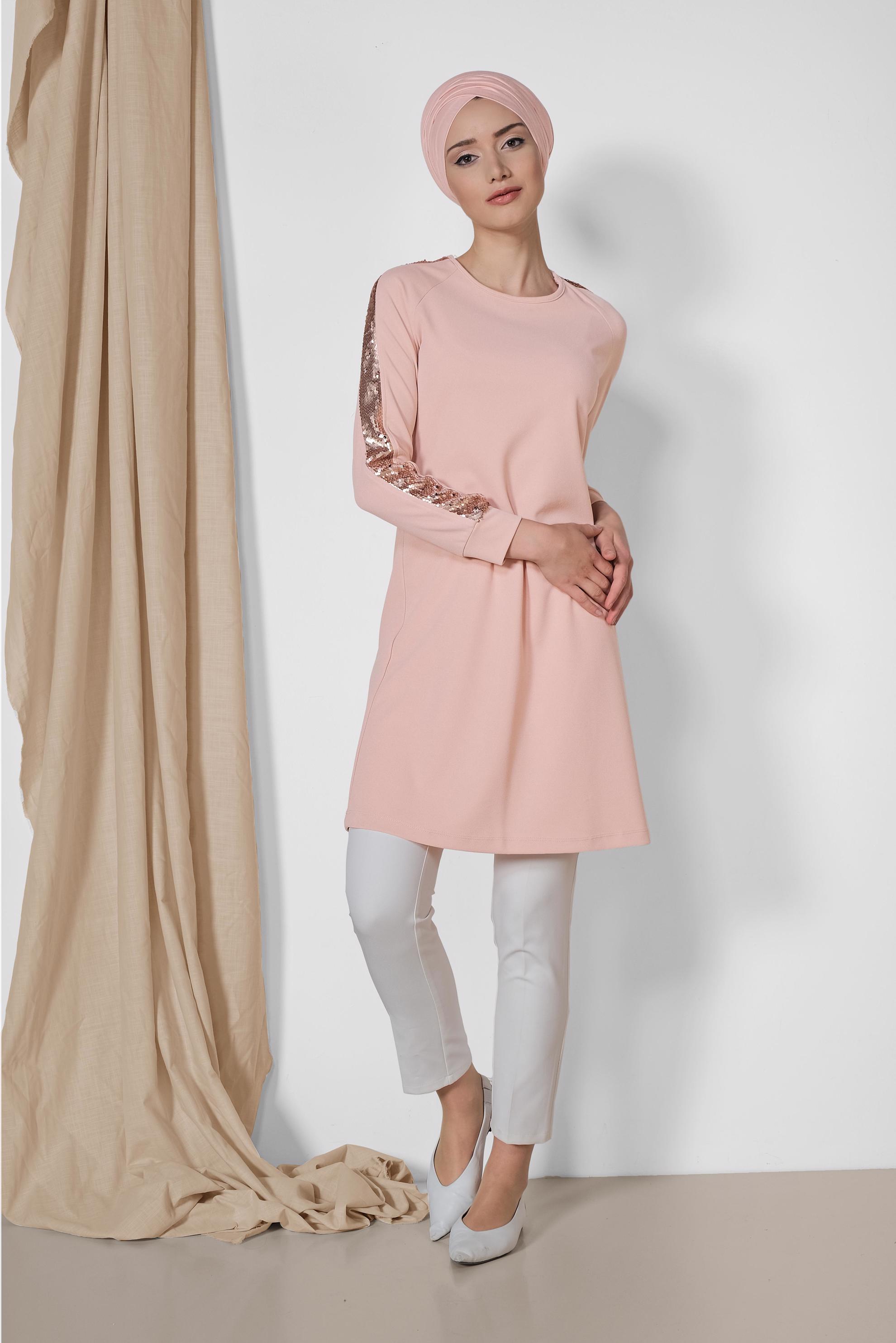 Tesettür giyim PUDRA KOLLARI PUL ŞERİTLİ TUNİK 4159