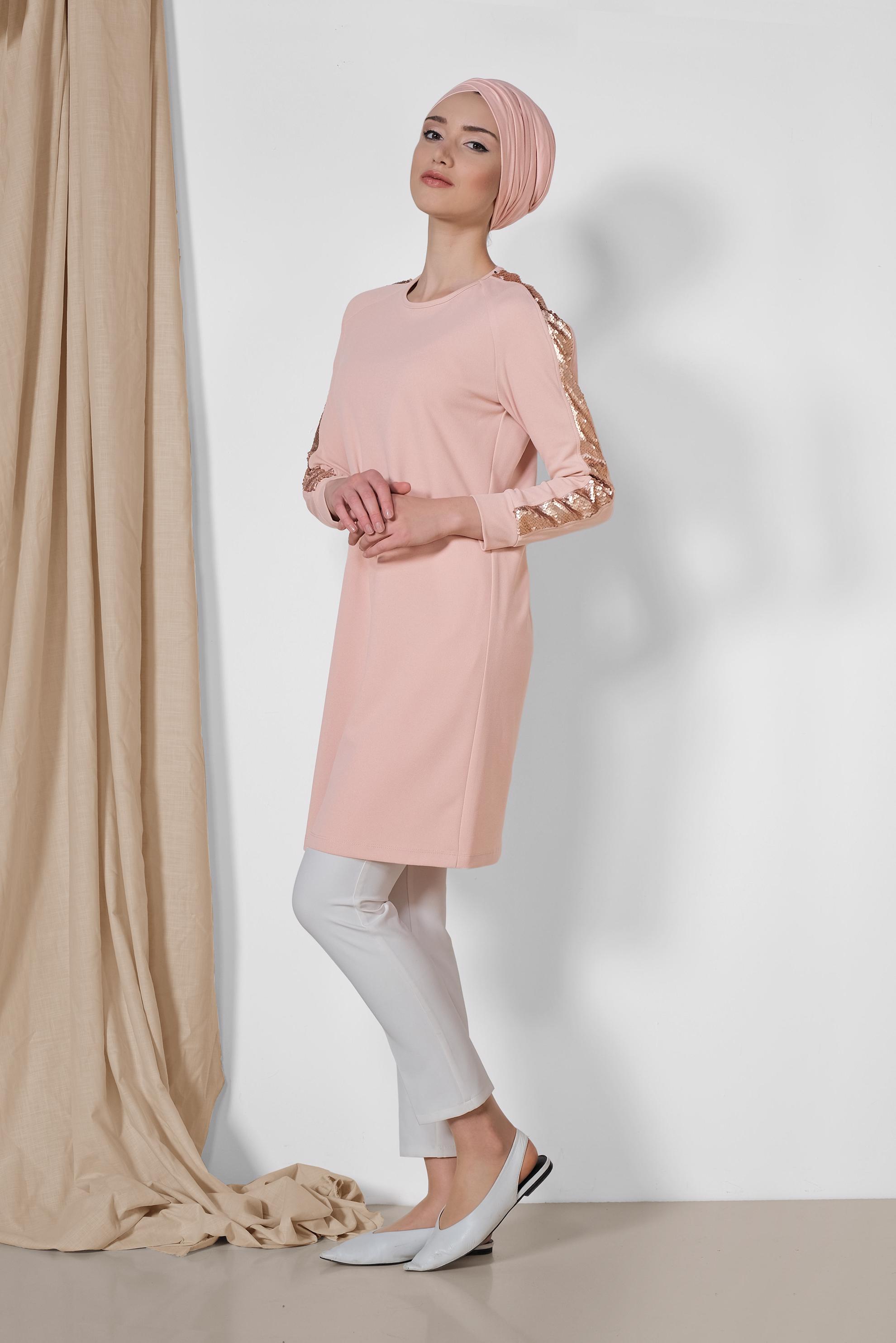 Tesettür giyim PUDRA KOLLARI PUL ŞERİTLİ TUNİK 4159