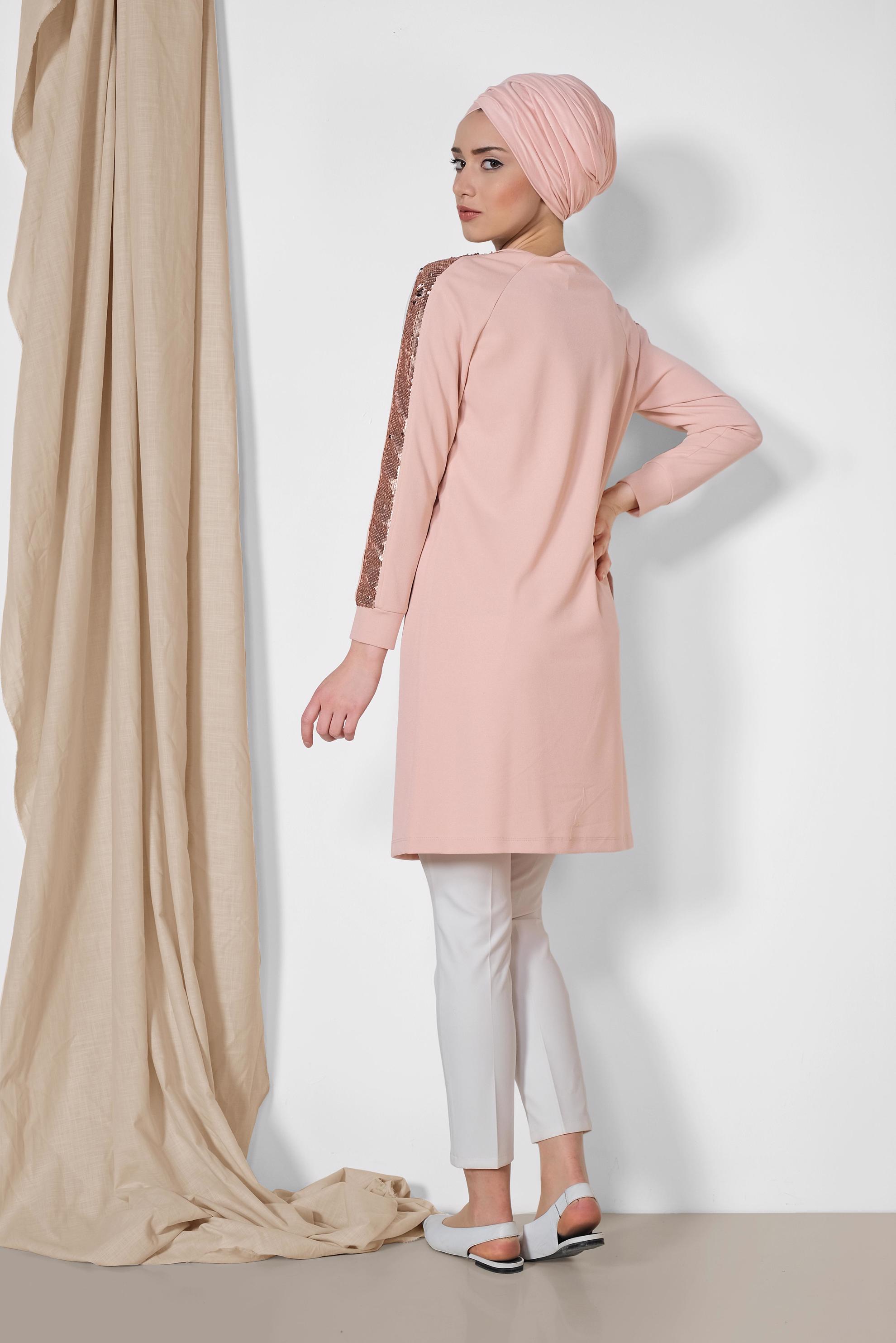 Tesettür giyim PUDRA KOLLARI PUL ŞERİTLİ TUNİK 4159