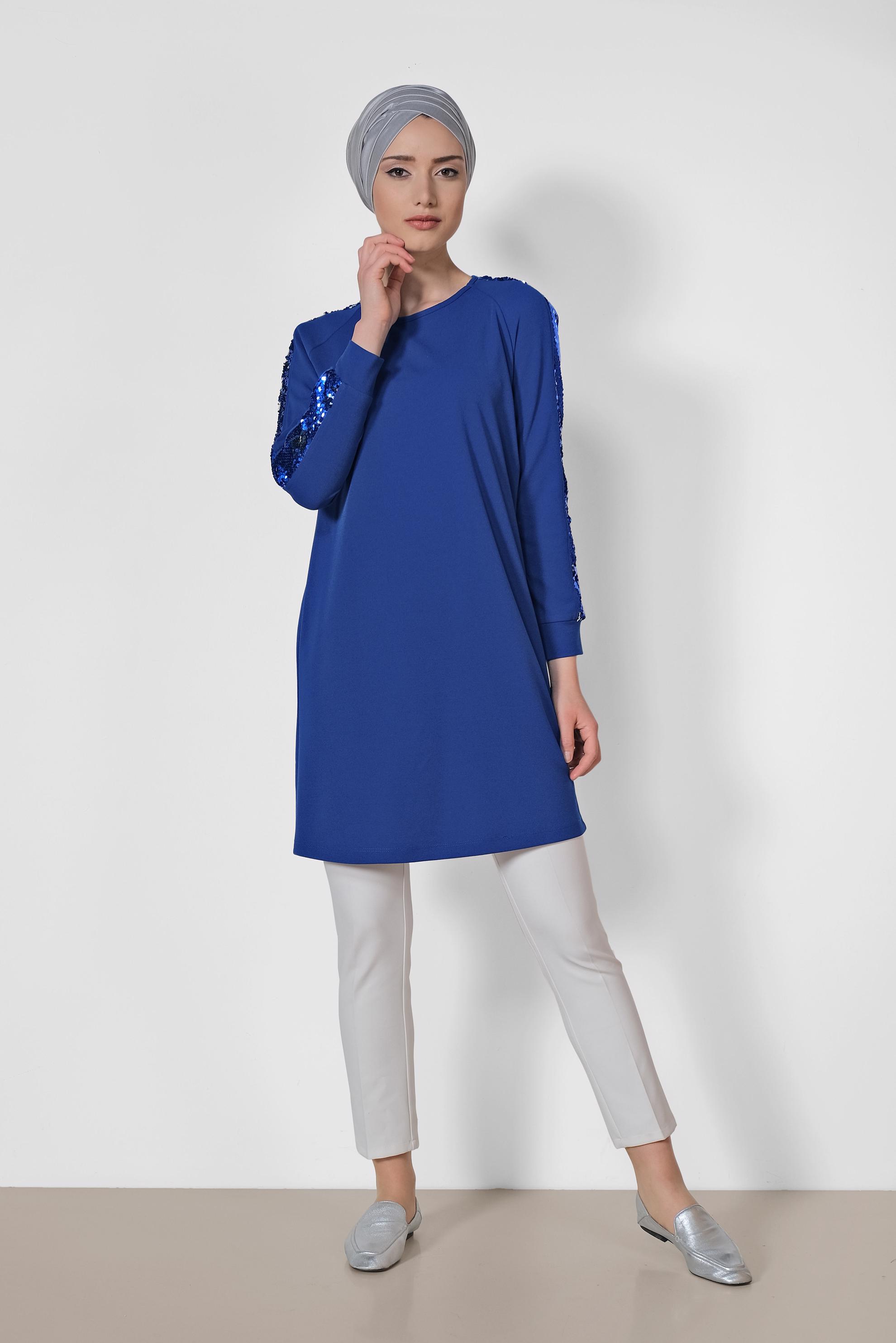 Tesettür giyim MAVİ KOLLARI PUL ŞERİTLİ TUNİK 4159