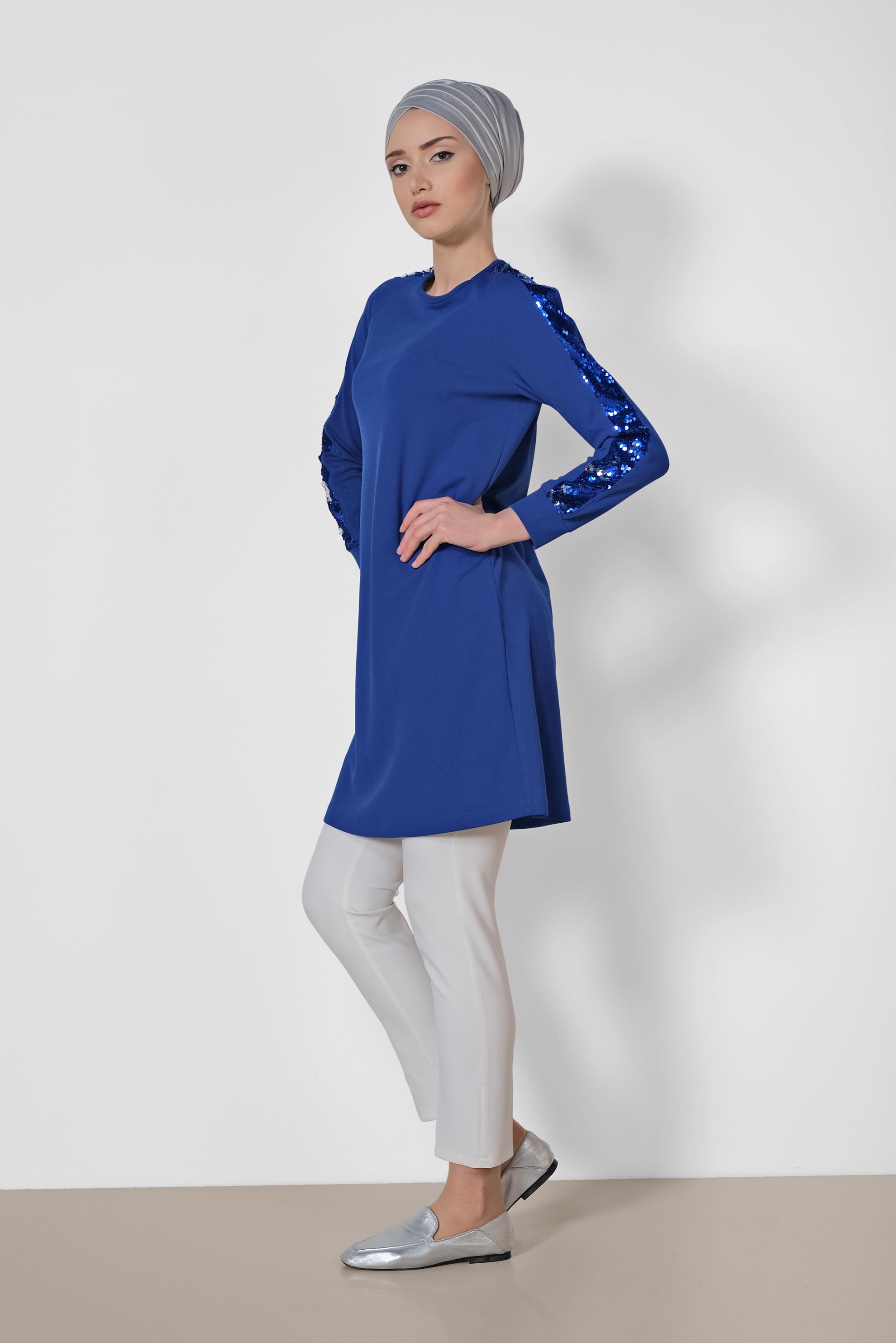 Tesettür giyim MAVİ KOLLARI PUL ŞERİTLİ TUNİK 4159