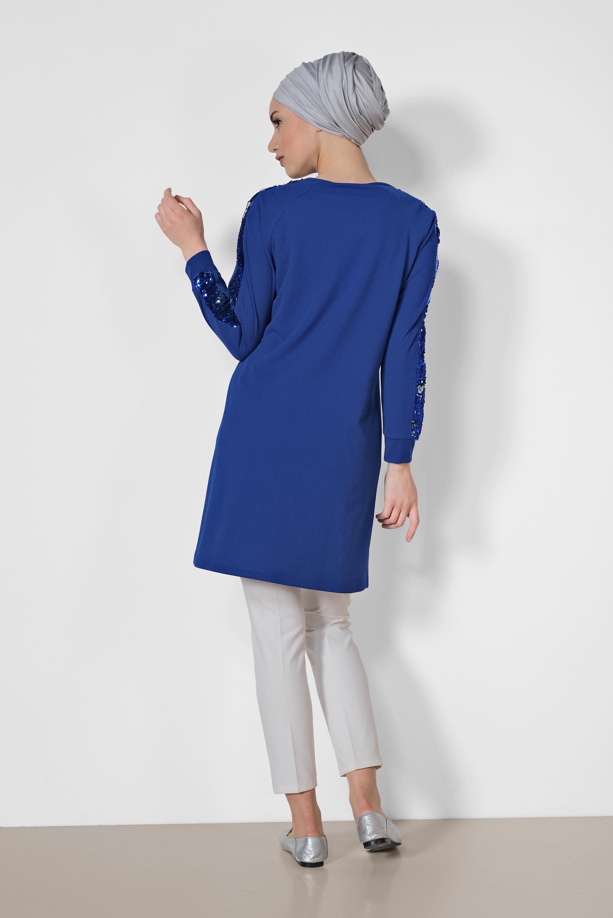 Tesettür giyim MAVİ KOLLARI PUL ŞERİTLİ TUNİK 4159