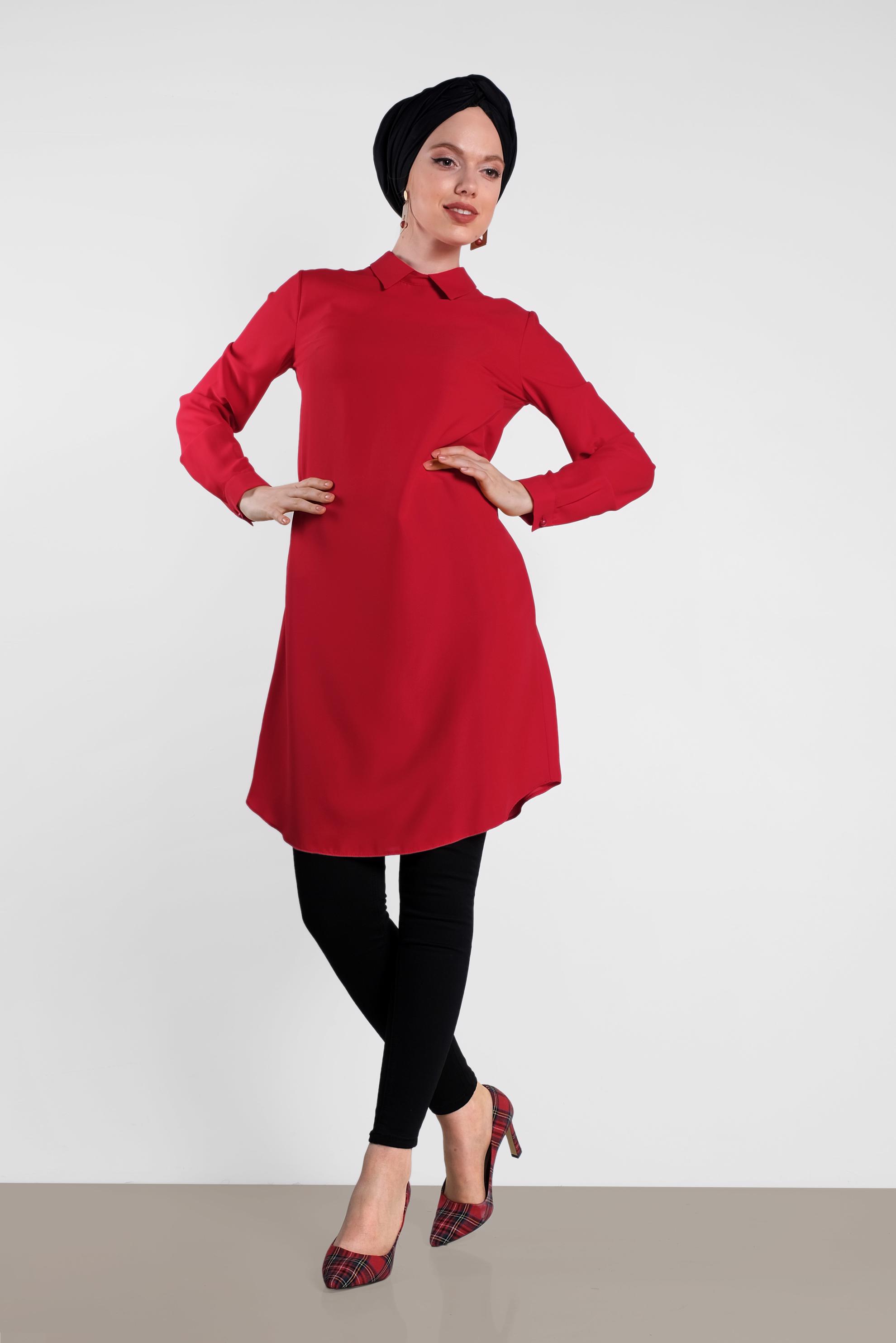 Tesettür giyim KIRMIZI ARKADAN FERMUARLI TUNİK 4162 