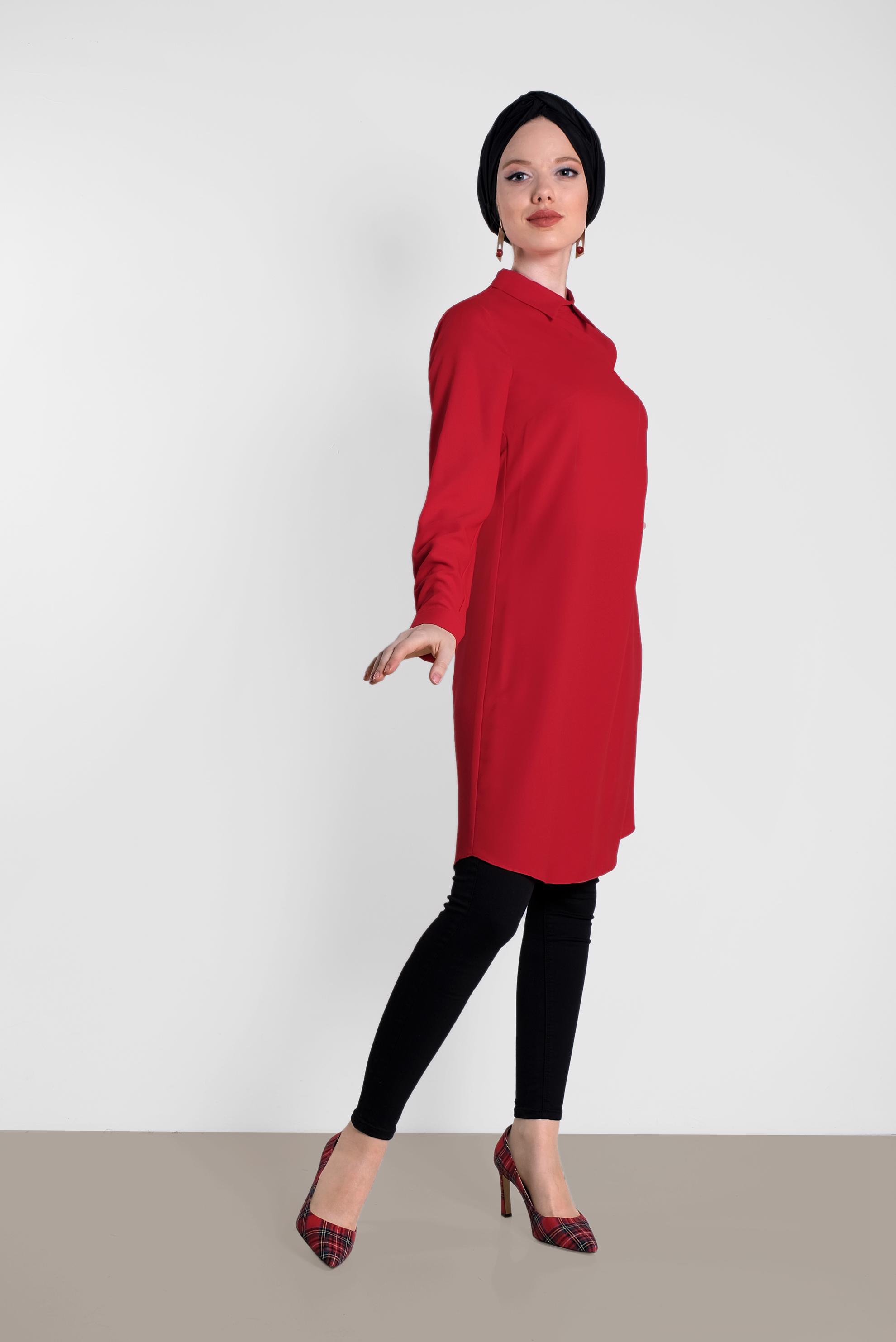 Tesettür giyim KIRMIZI ARKADAN FERMUARLI TUNİK 4162 