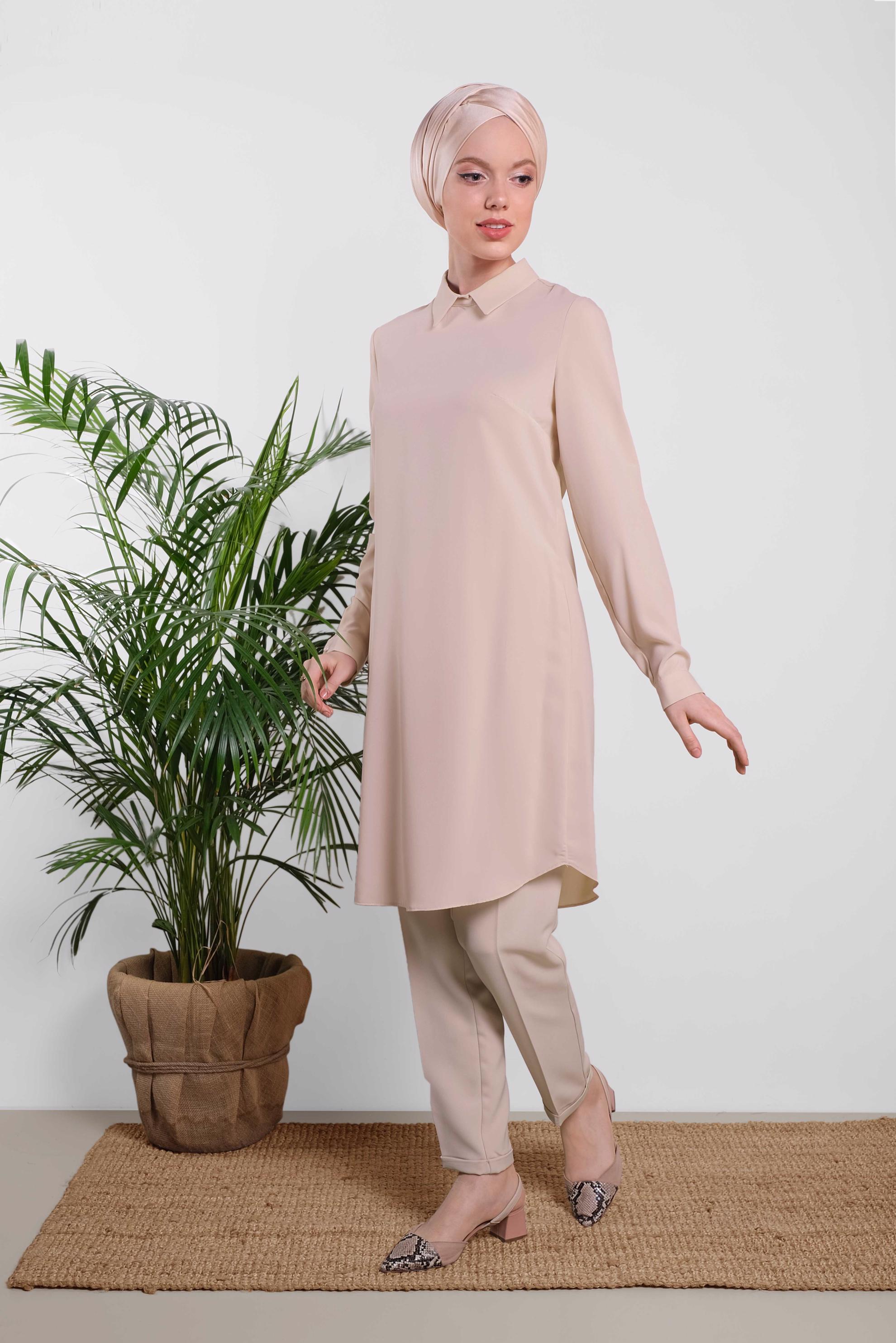 Tesettür giyim PUDRA ARKADAN FERMUARLI TUNİK 4162 