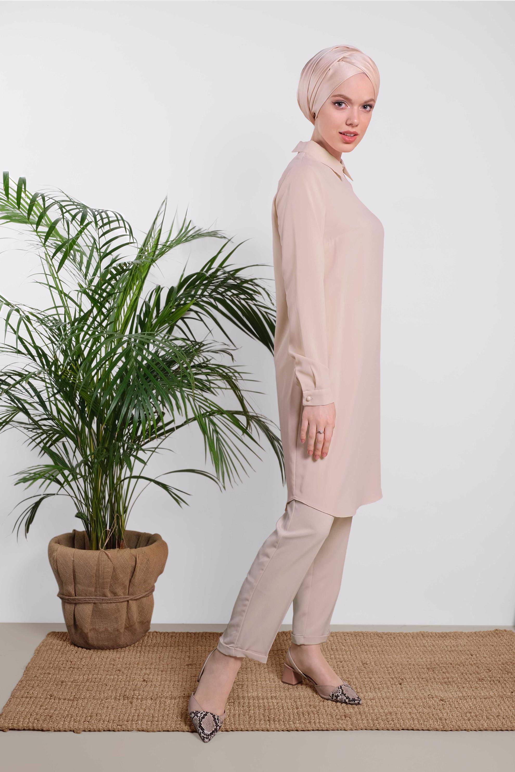 Tesettür giyim PUDRA ARKADAN FERMUARLI TUNİK 4162 