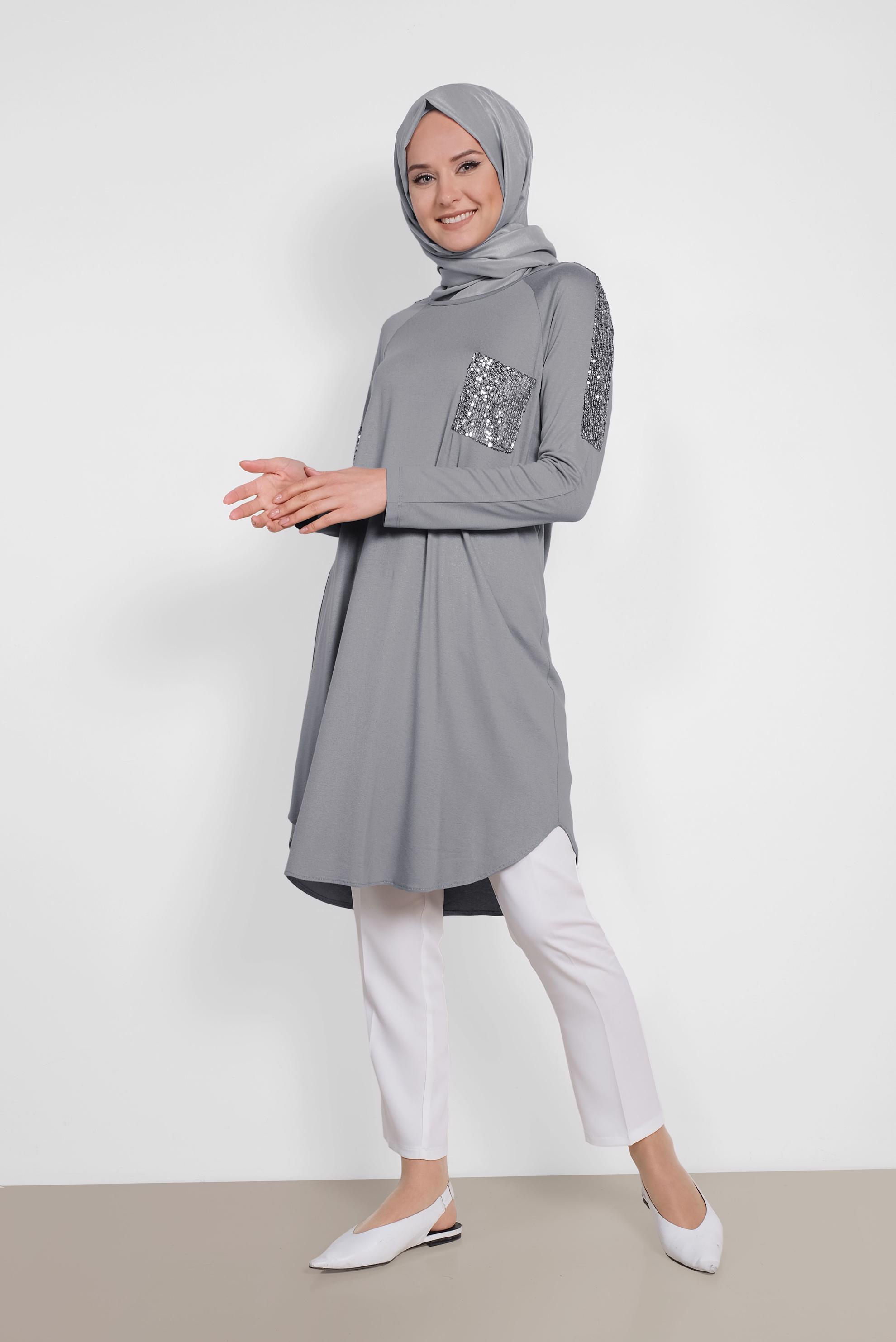 Tesettür giyim GRİ PUL PAYET DETAYLI TUNİK 4179