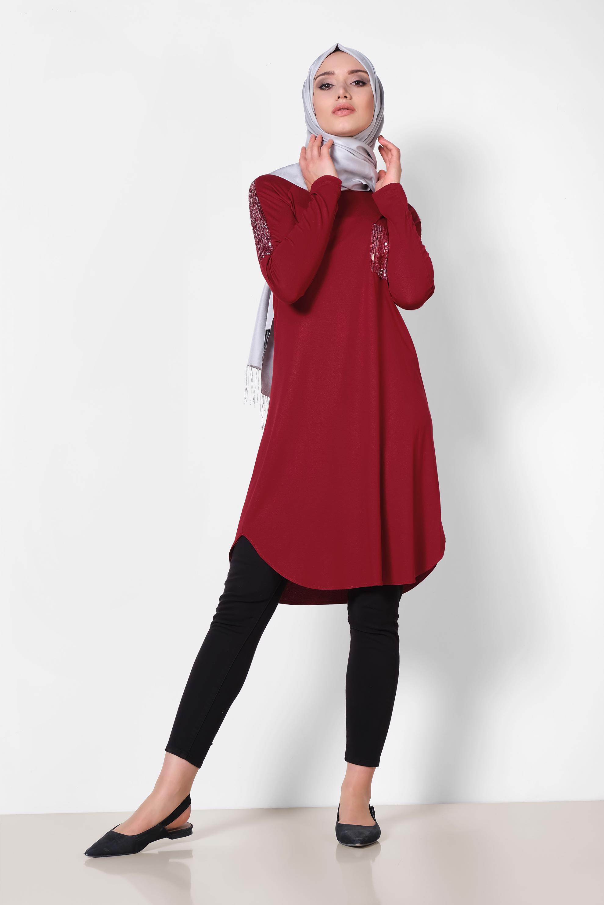 Tesettür giyim BORDO PUL PAYET DETAYLI TUNİK 4179