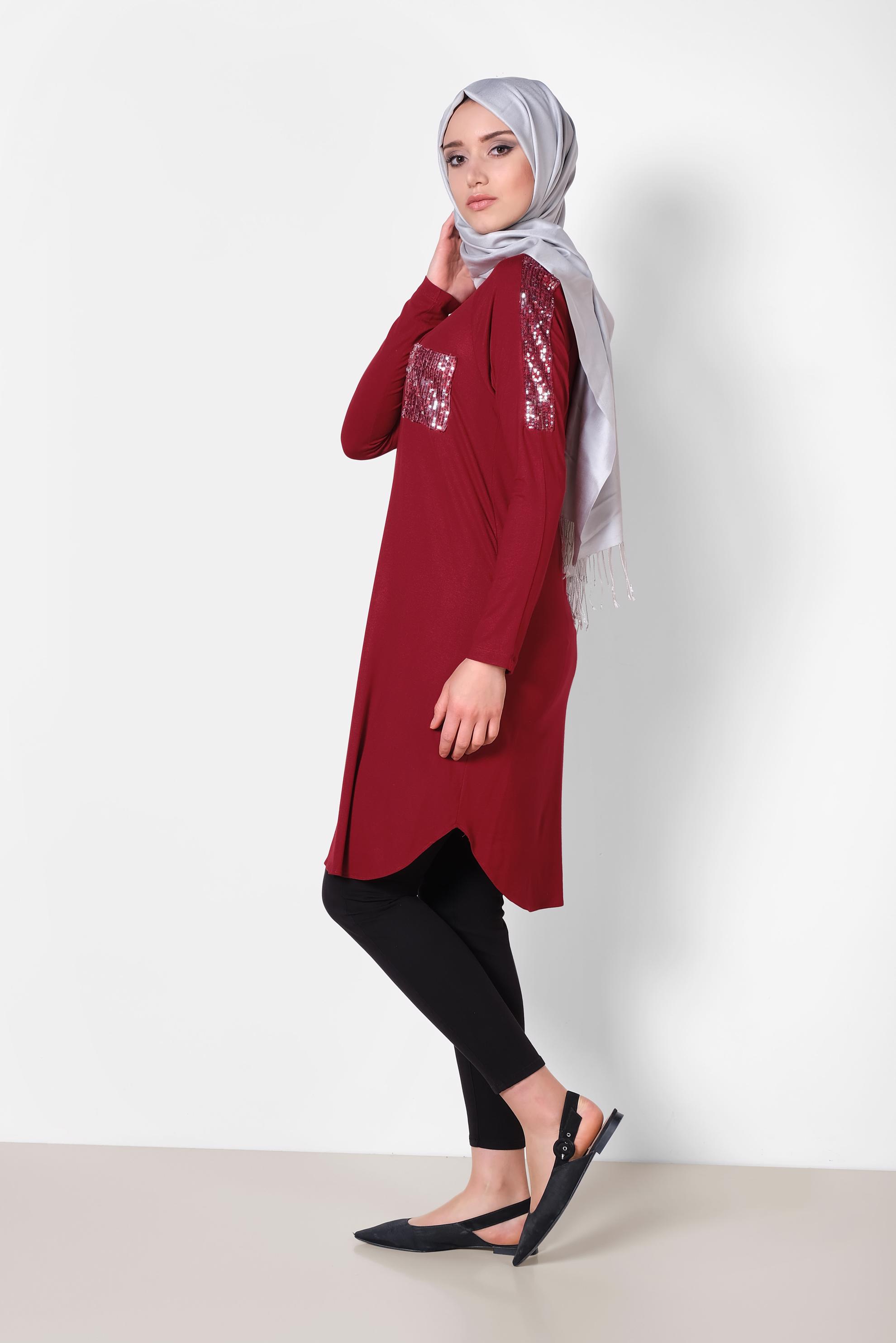 Tesettür giyim BORDO PUL PAYET DETAYLI TUNİK 4179