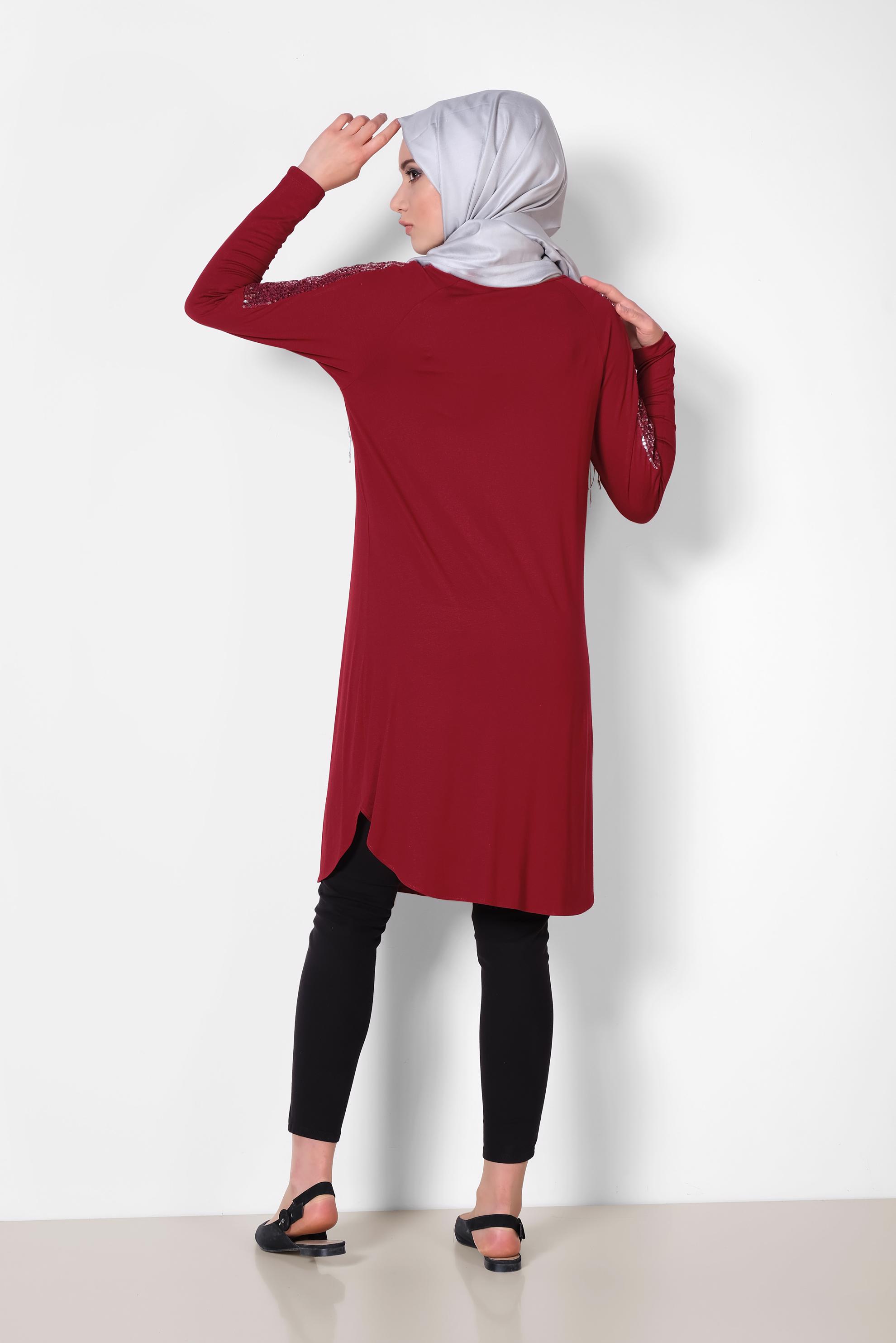 Tesettür giyim BORDO PUL PAYET DETAYLI TUNİK 4179