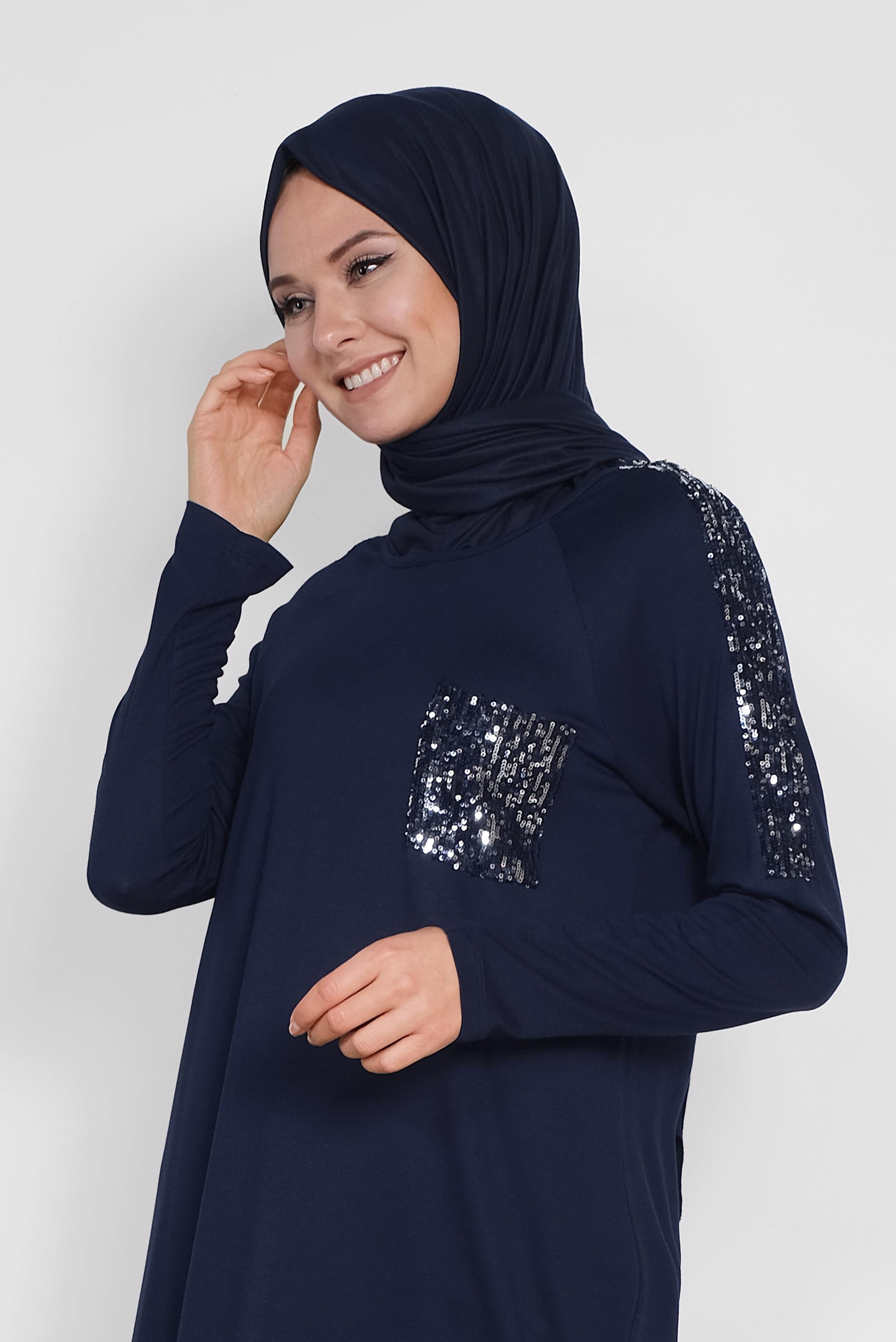 Tesettür giyim LACİVERT PUL PAYET DETAYLI TUNİK 4179