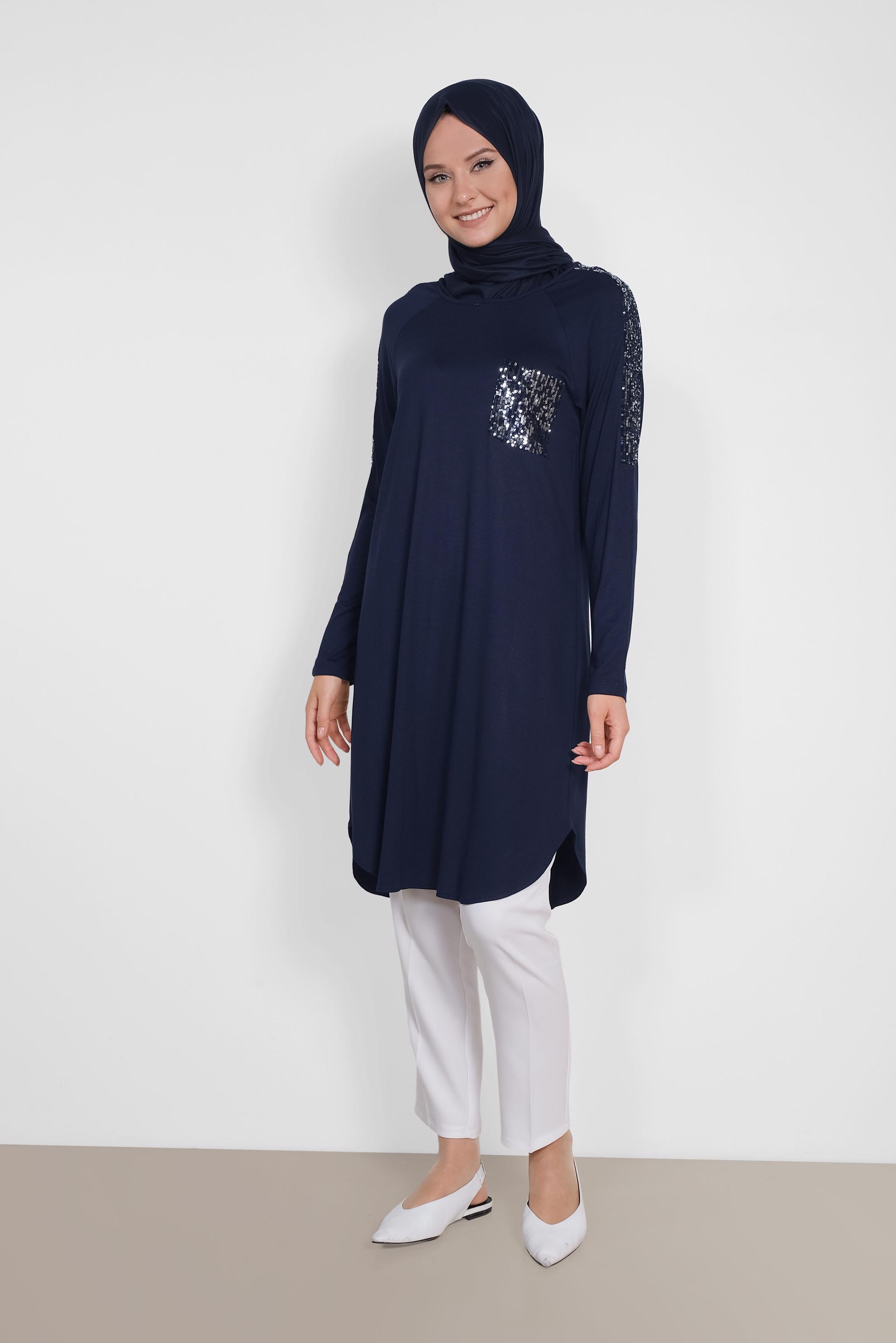 Tesettür giyim LACİVERT PUL PAYET DETAYLI TUNİK 4179