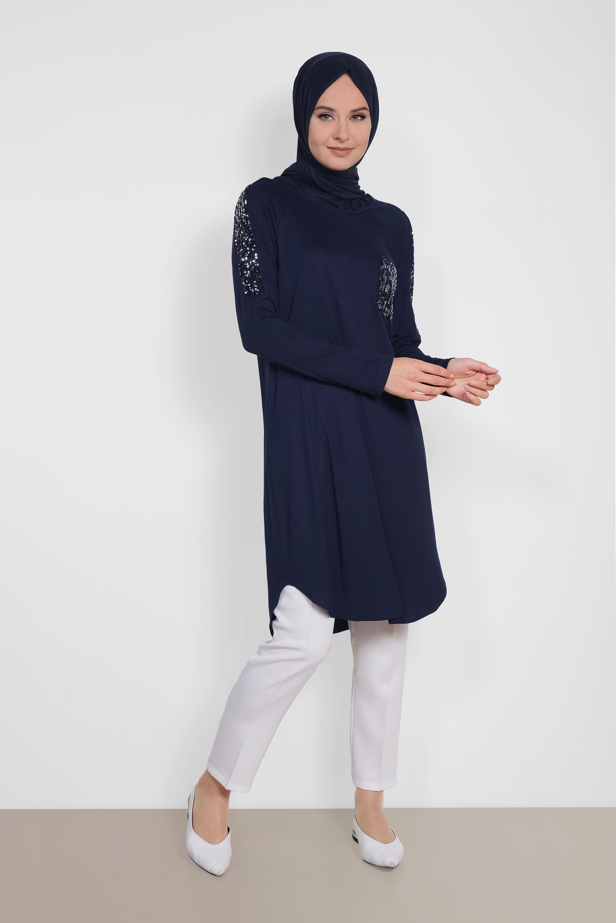 Tesettür giyim LACİVERT PUL PAYET DETAYLI TUNİK 4179