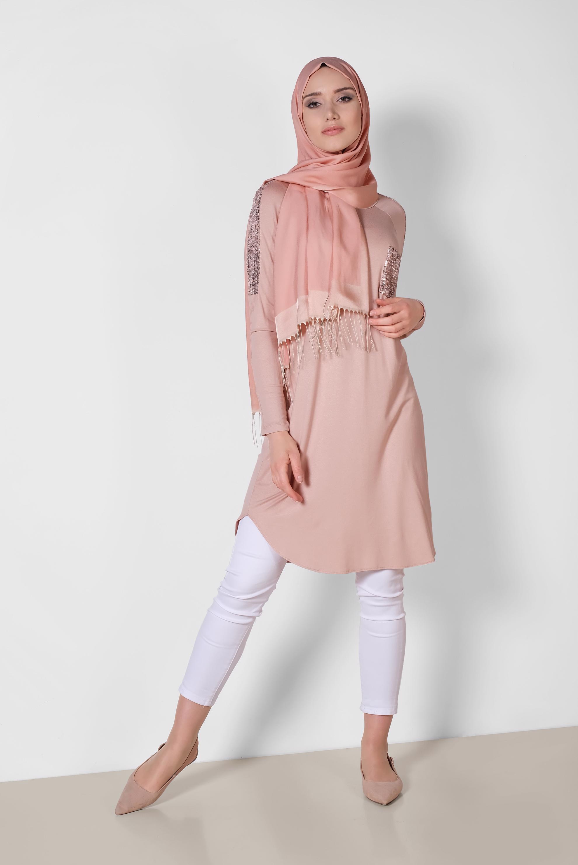 Tesettür giyim PUDRA PUL PAYET DETAYLI TUNİK 4179
