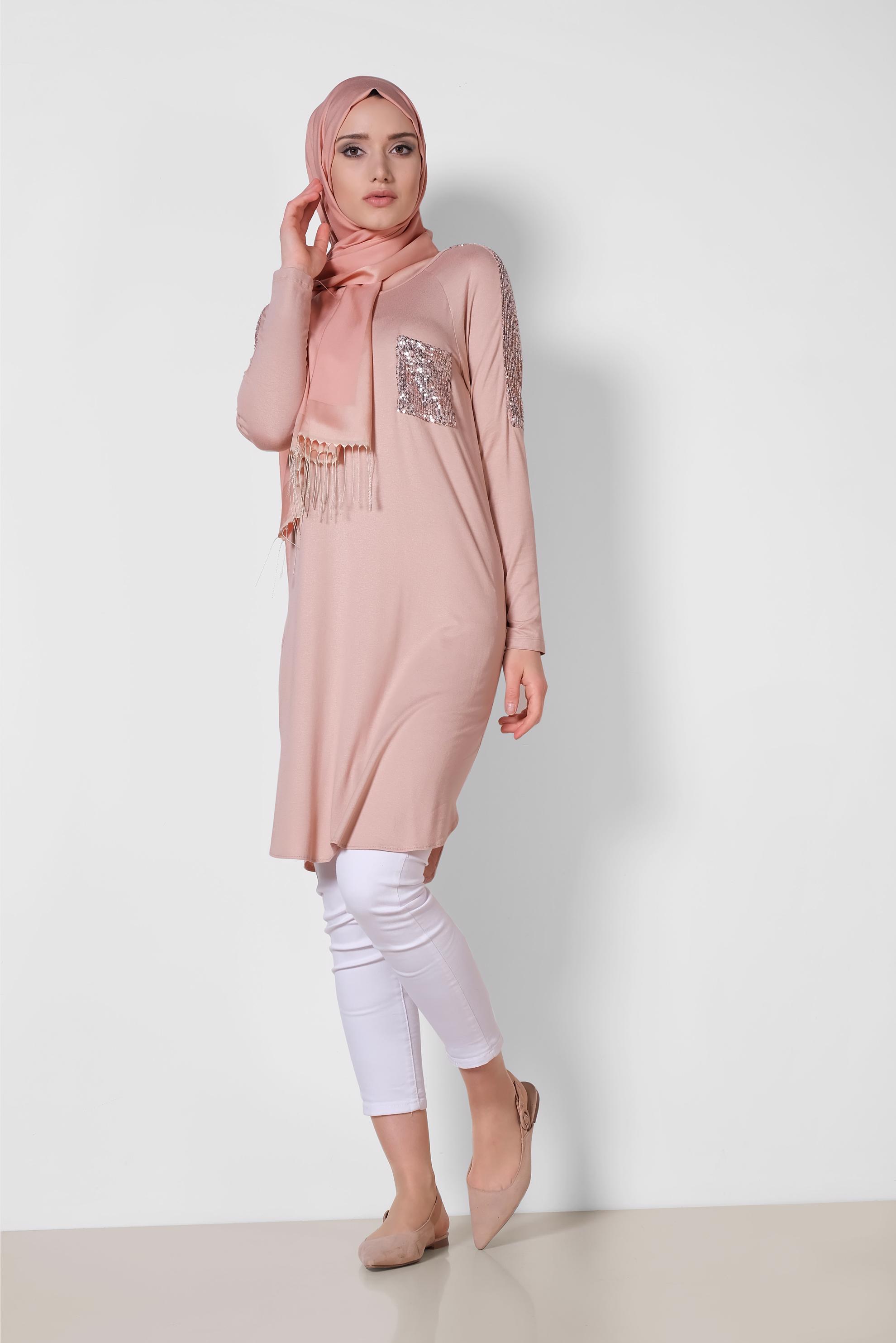 Tesettür giyim PUDRA PUL PAYET DETAYLI TUNİK 4179