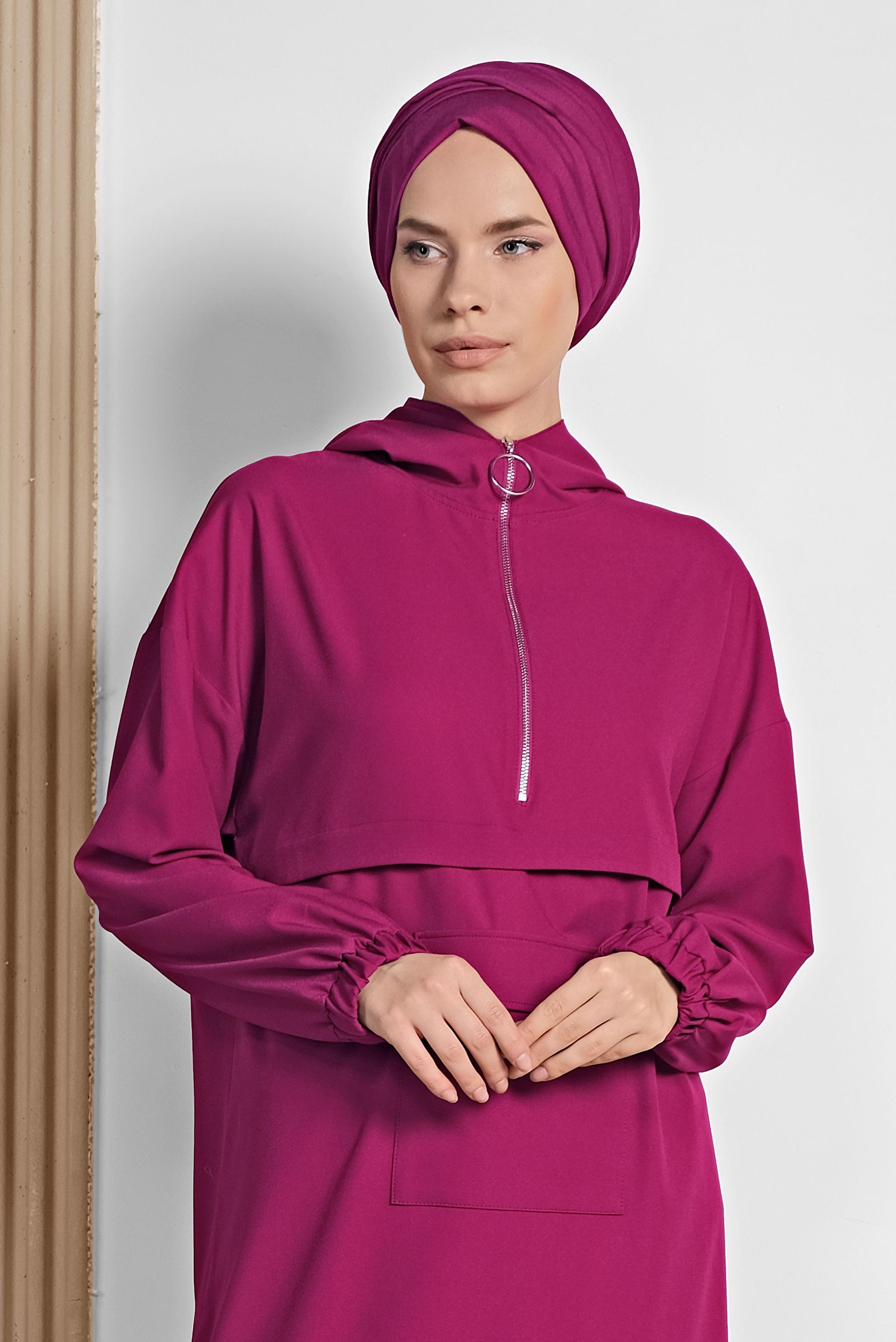 Tesettür giyim FUŞYA YARIM FERMUARLI ETEK UCU BÜZGÜLÜ TUNİK 4188