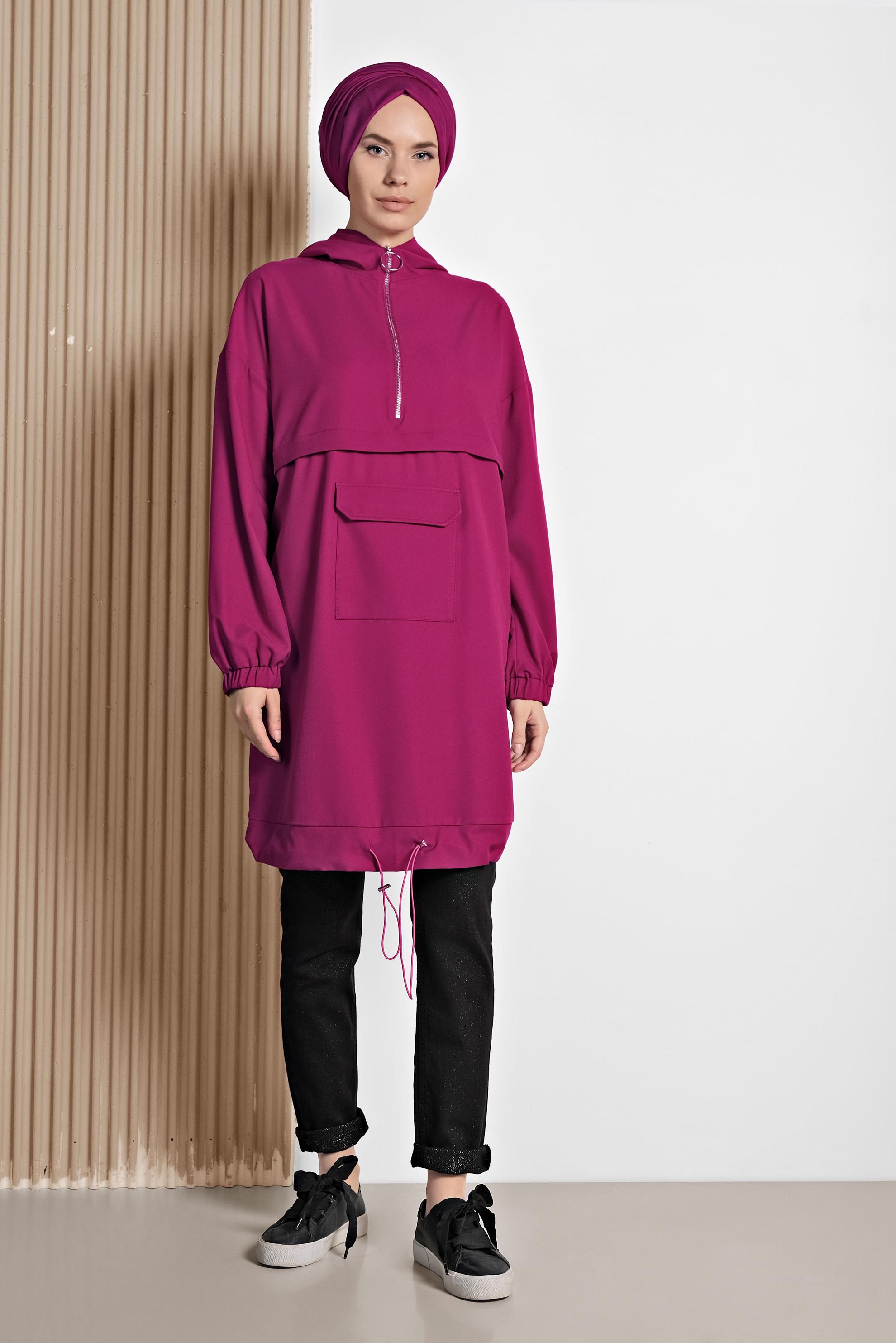 Tesettür giyim FUŞYA YARIM FERMUARLI ETEK UCU BÜZGÜLÜ TUNİK 4188