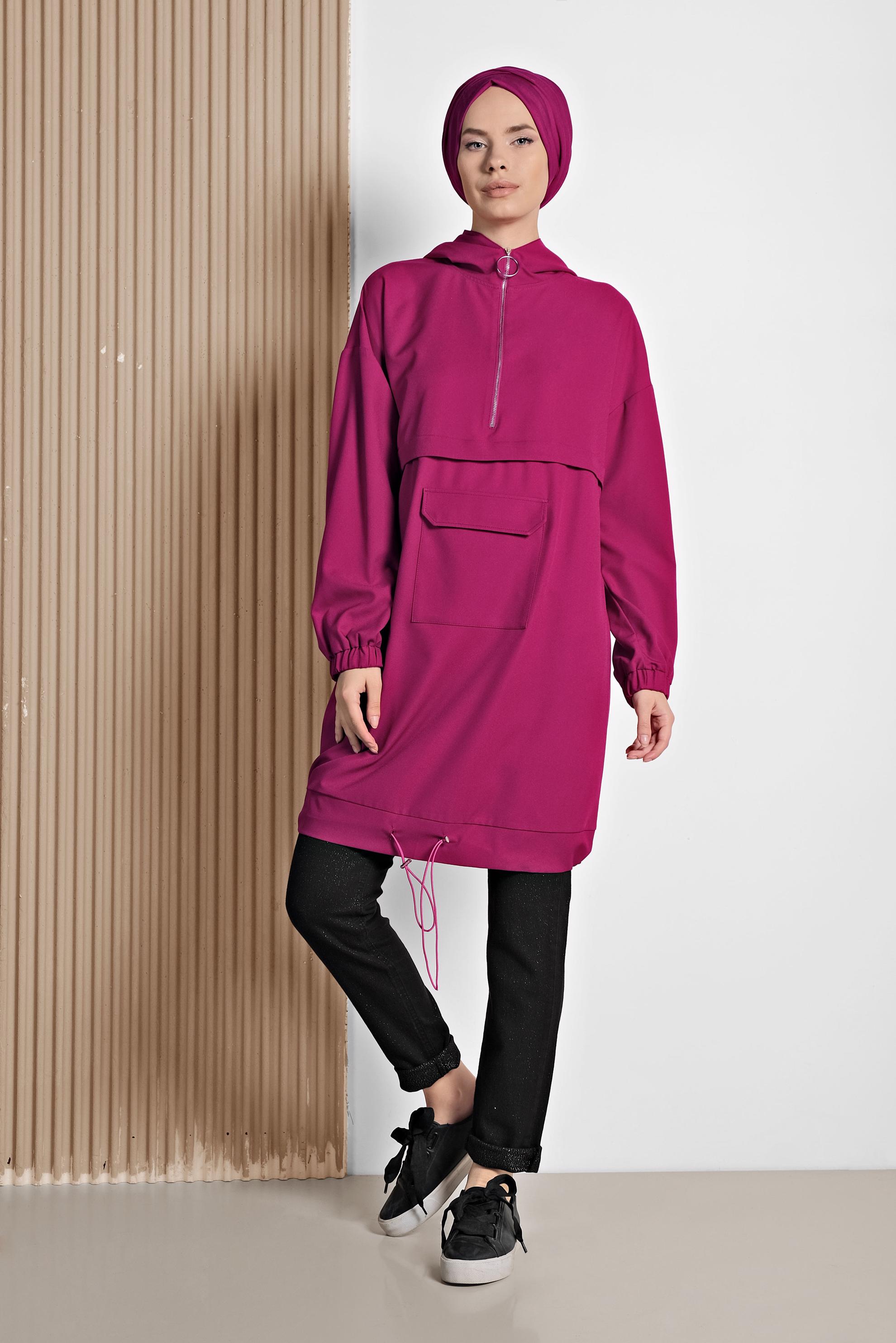 Tesettür giyim FUŞYA YARIM FERMUARLI ETEK UCU BÜZGÜLÜ TUNİK 4188