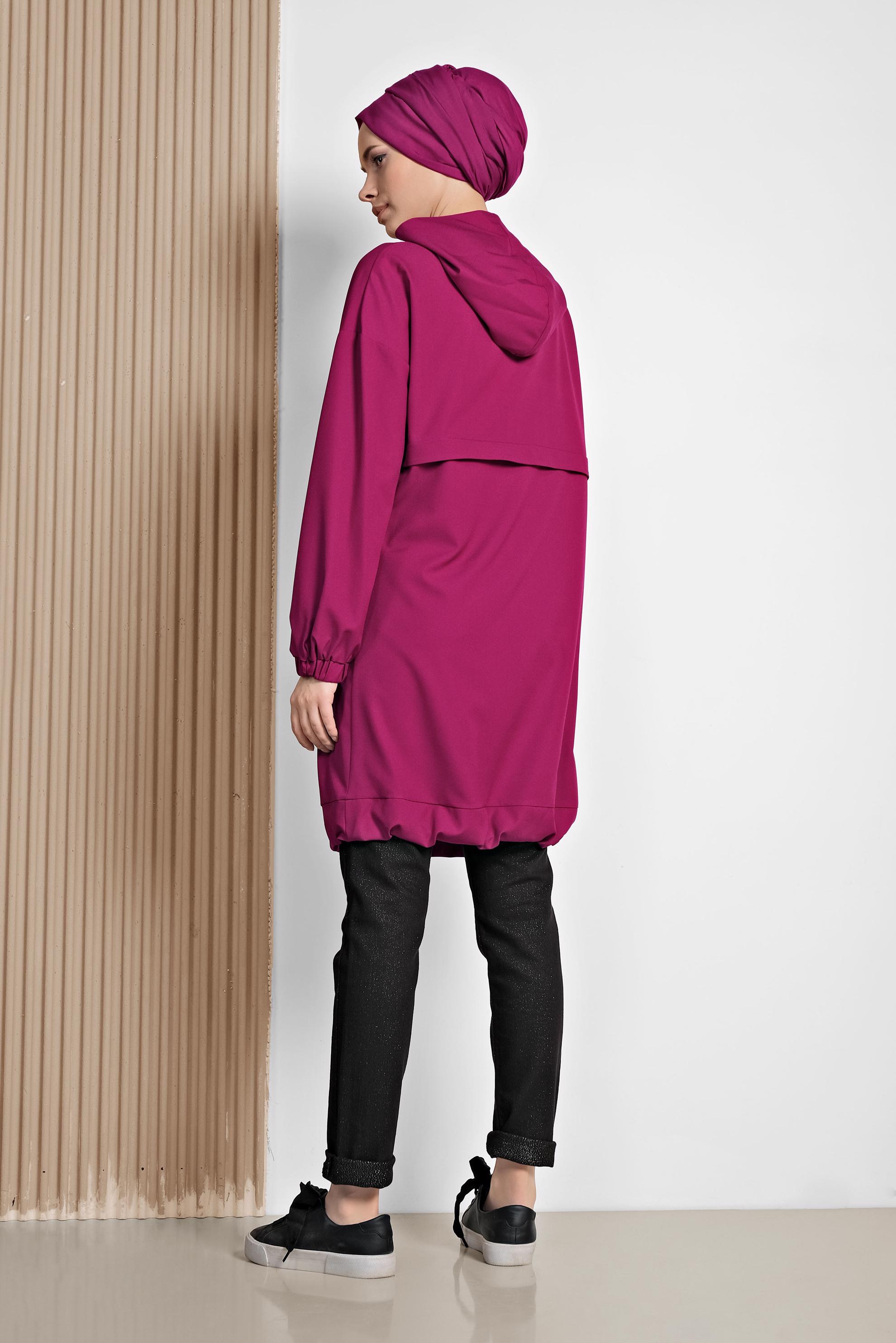 Tesettür giyim FUŞYA YARIM FERMUARLI ETEK UCU BÜZGÜLÜ TUNİK 4188